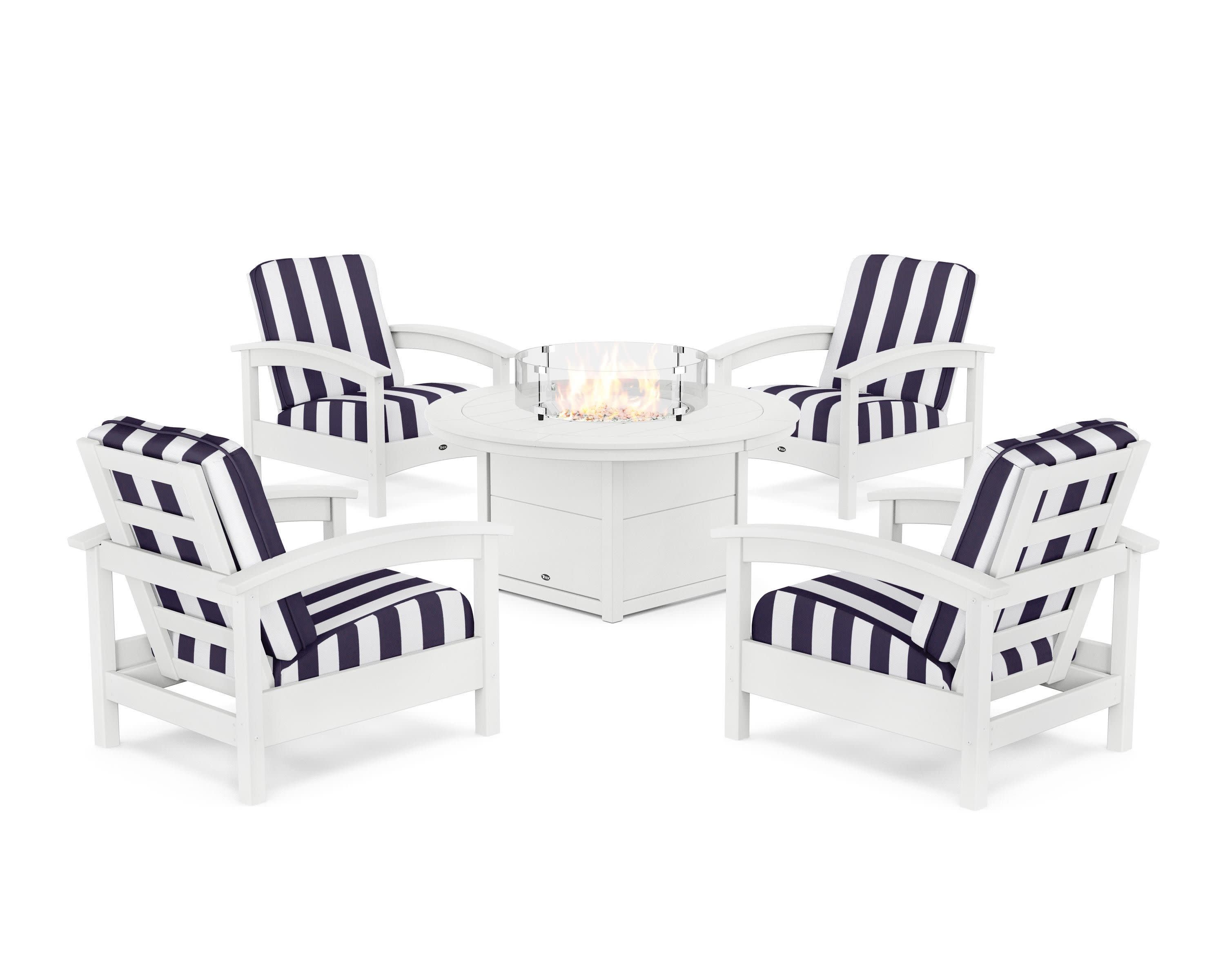Rockport 5-Piece Deep Seating Set with Round Fire Pit Table in Classic White / Cabana Stripe Navy