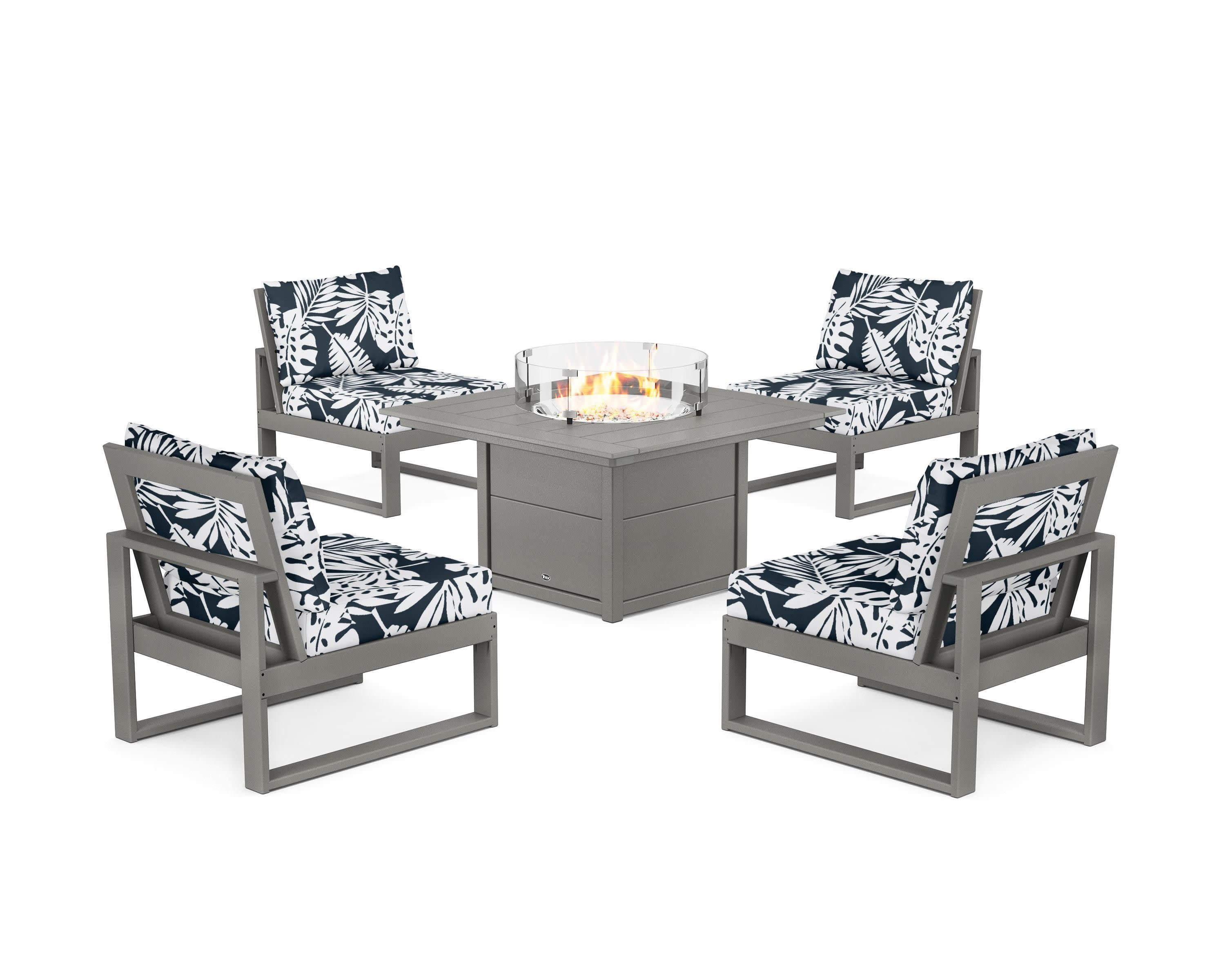 Eastport Modular 5-Piece Deep Seating Set with Square Fire Pit Table in Stepping Stone / Leaf Marine Indigo