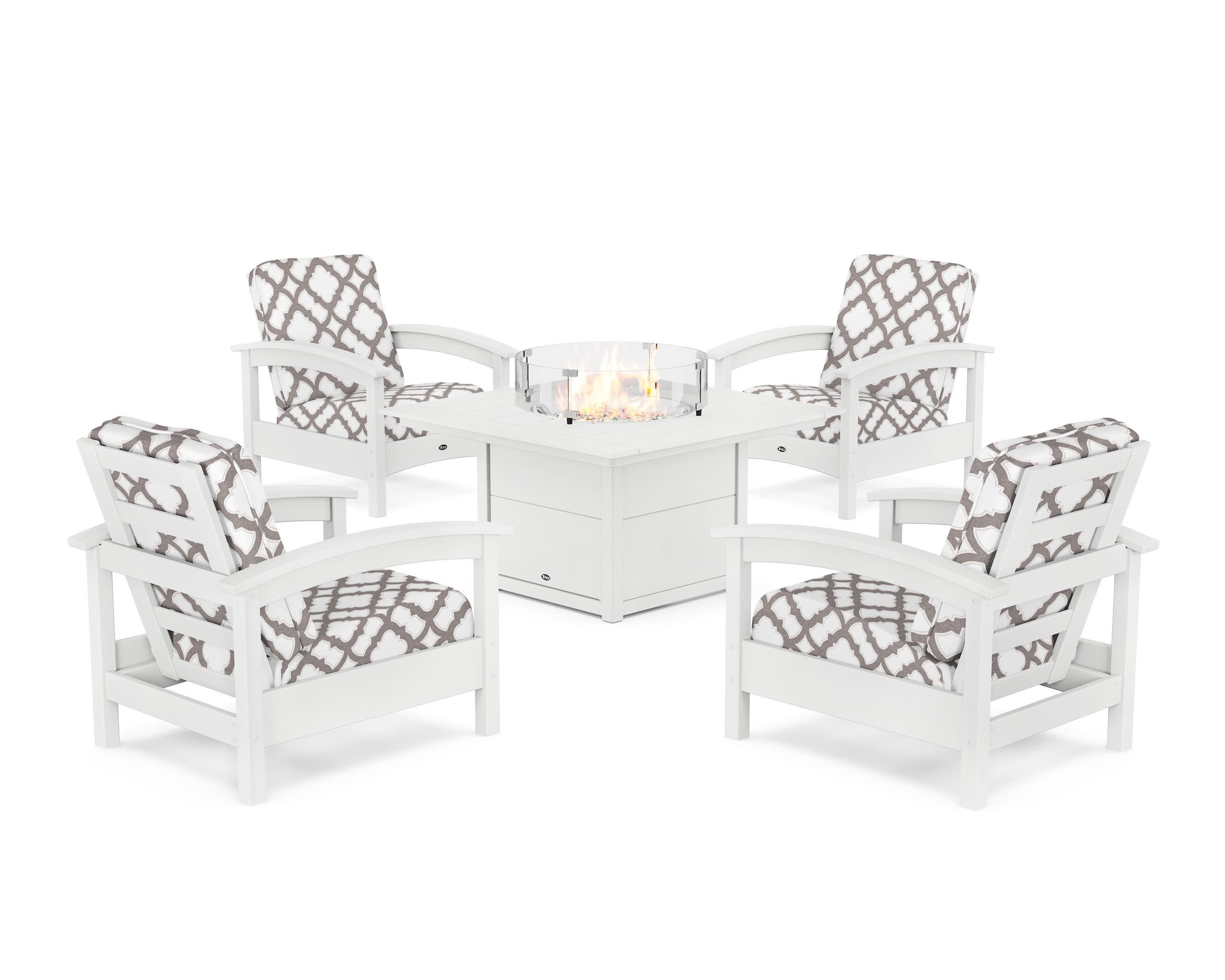 Rockport 5-Piece Deep Seating Set with Square Fire Pit Table in Classic White / Trellis Grey Mist