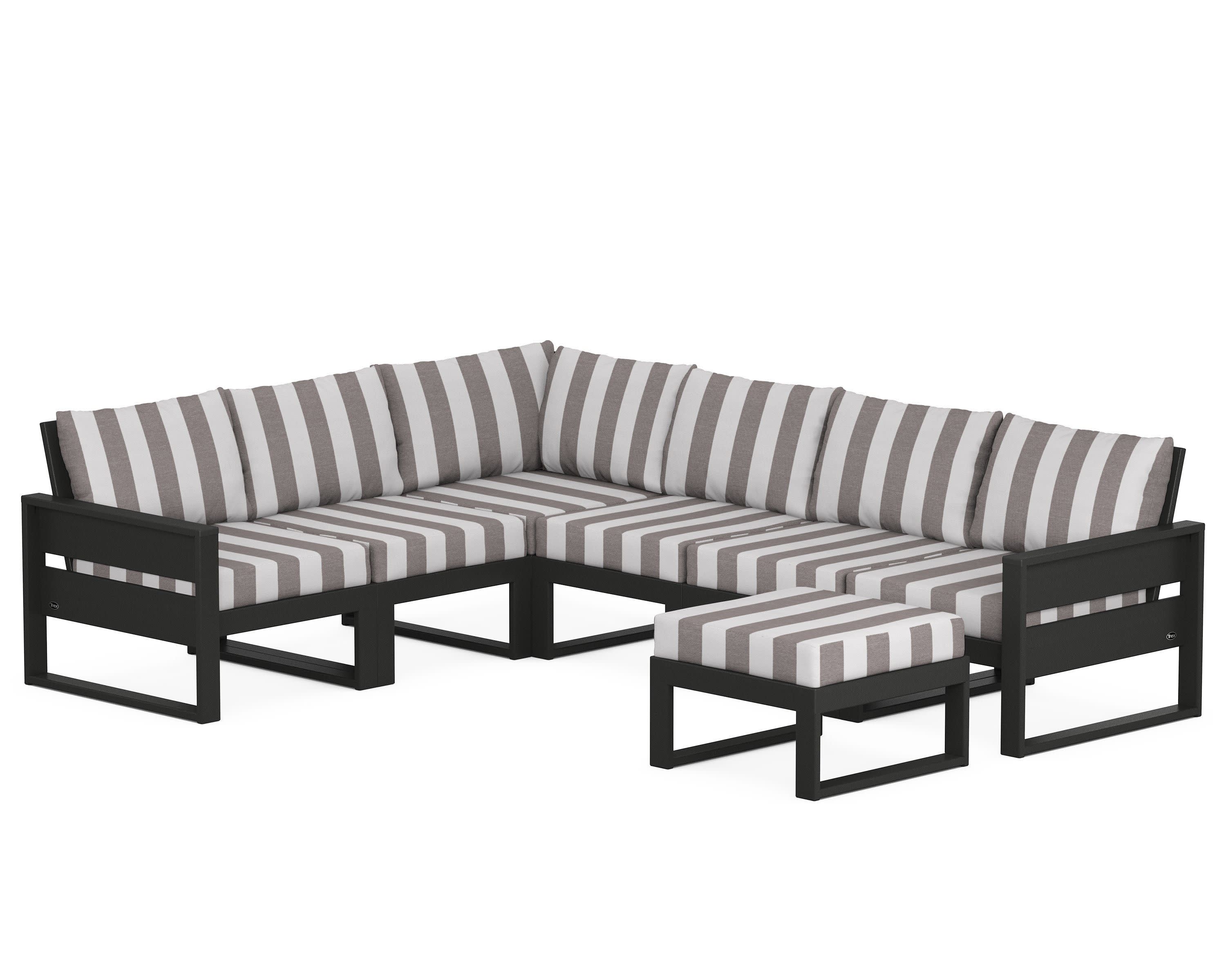 Eastport 6-Piece Sectional with Ottoman in Charcoal Black / Cabana Stripe Grey Mist