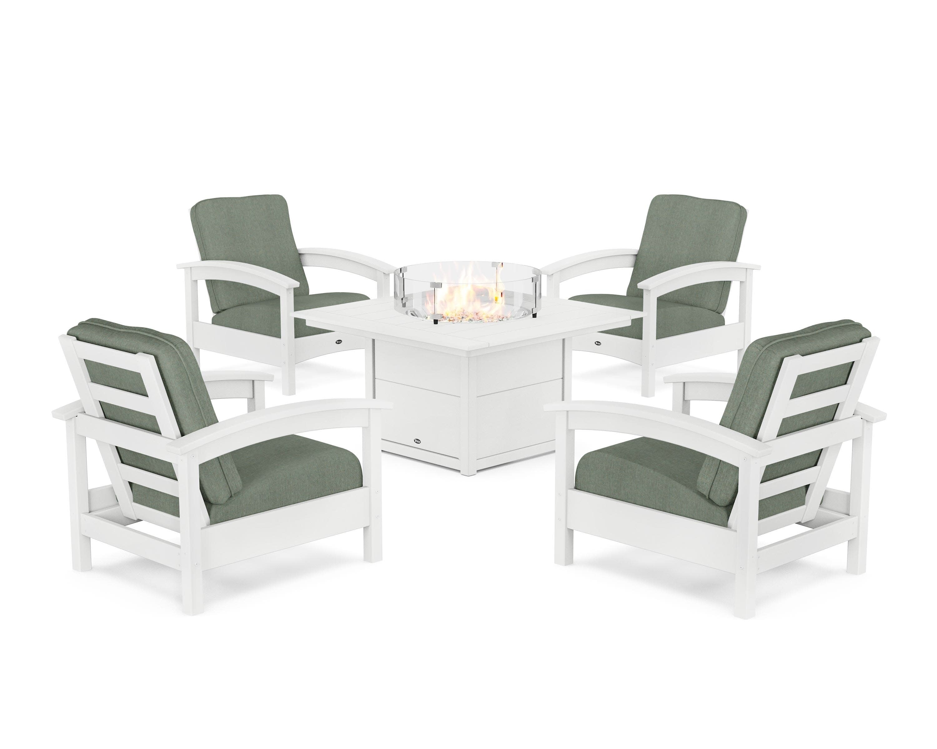 Rockport 5-Piece Deep Seating Set with Square Fire Pit Table in Classic White / Cast Sage