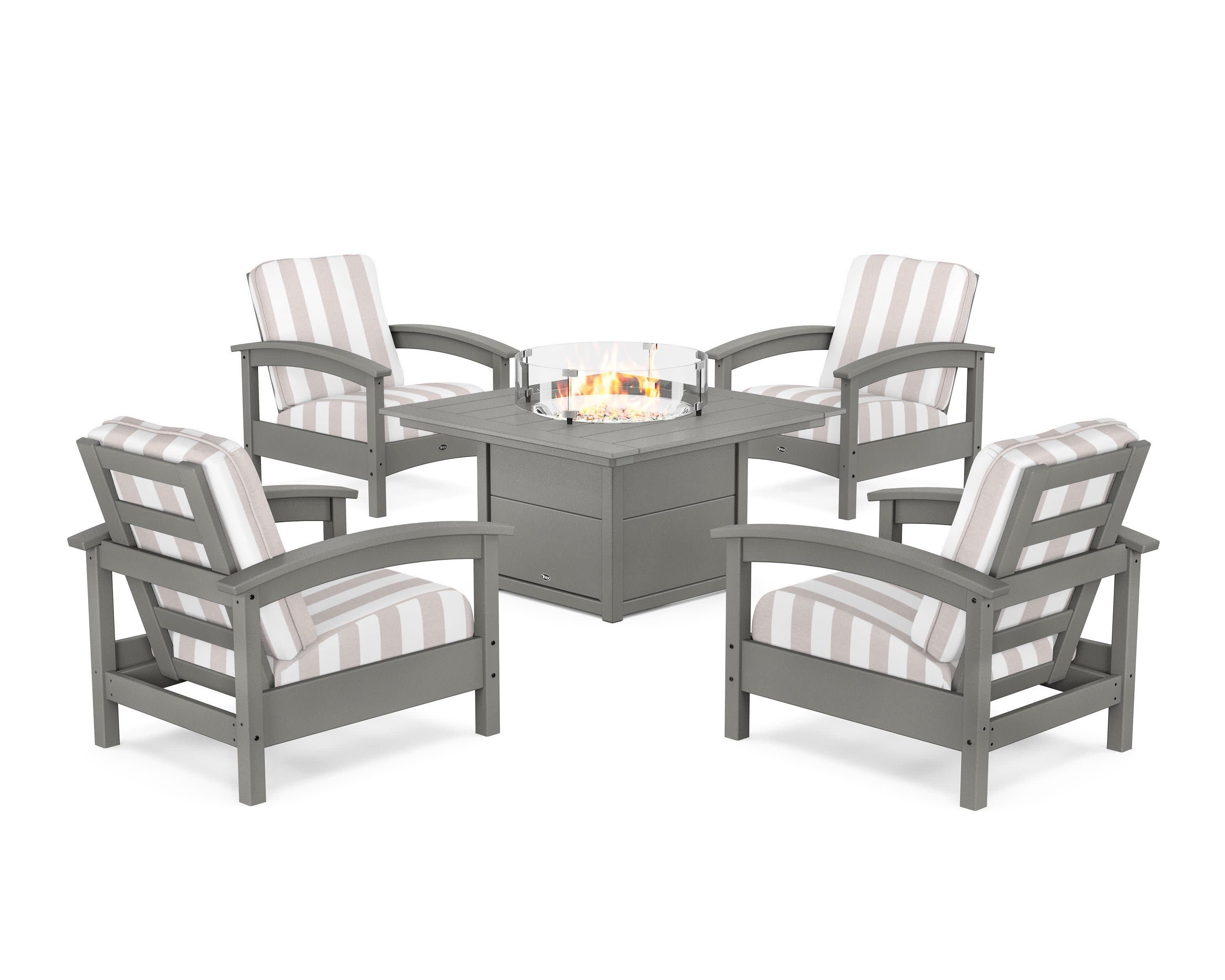 Rockport 5-Piece Deep Seating Set with Square Fire Pit Table in Stepping Stone / Cabana Stripe Dune Burlap