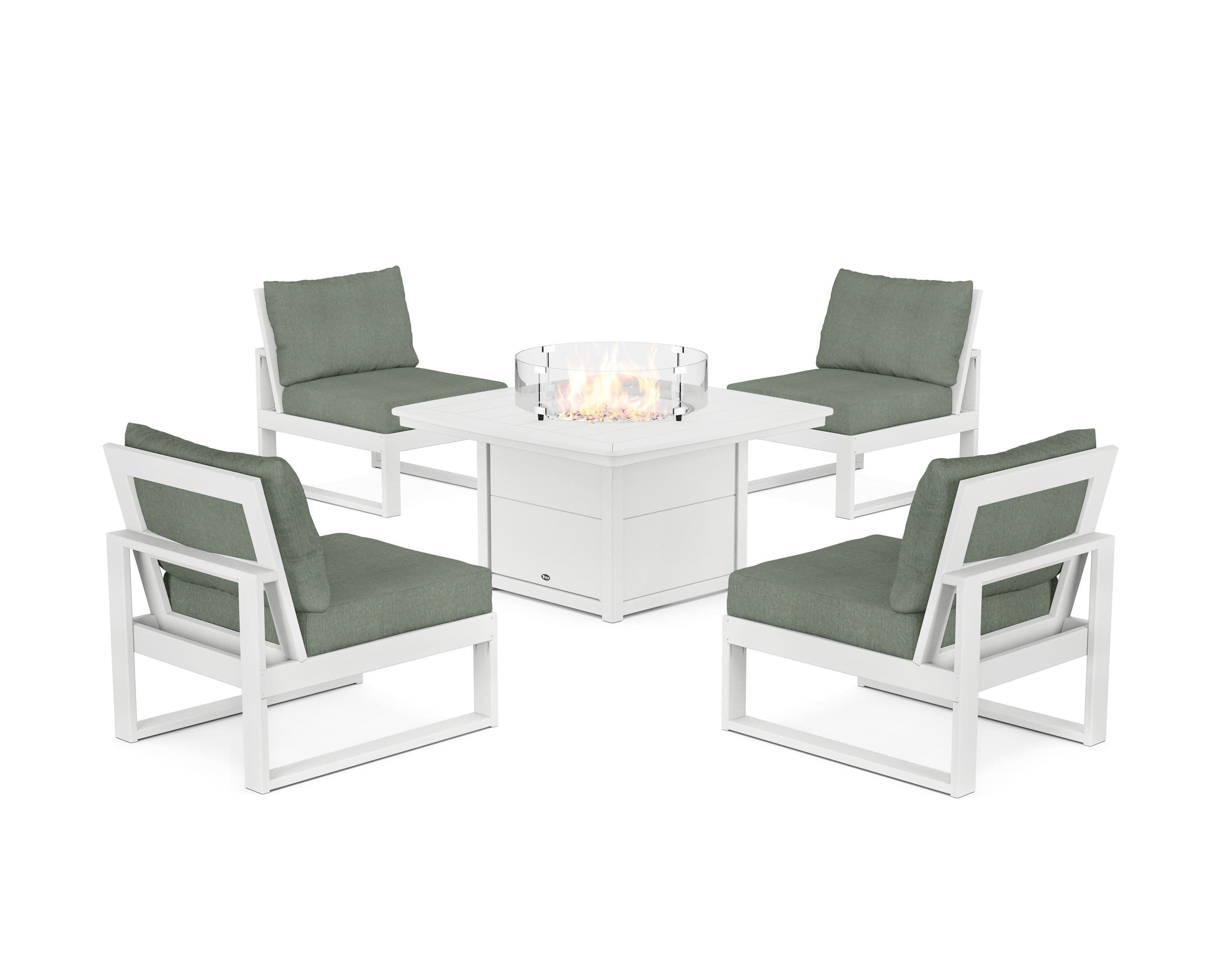 Eastport Modular 5-Piece Deep Seating Set with Yacht Club Fire Pit Table in Classic White / Cast Sage