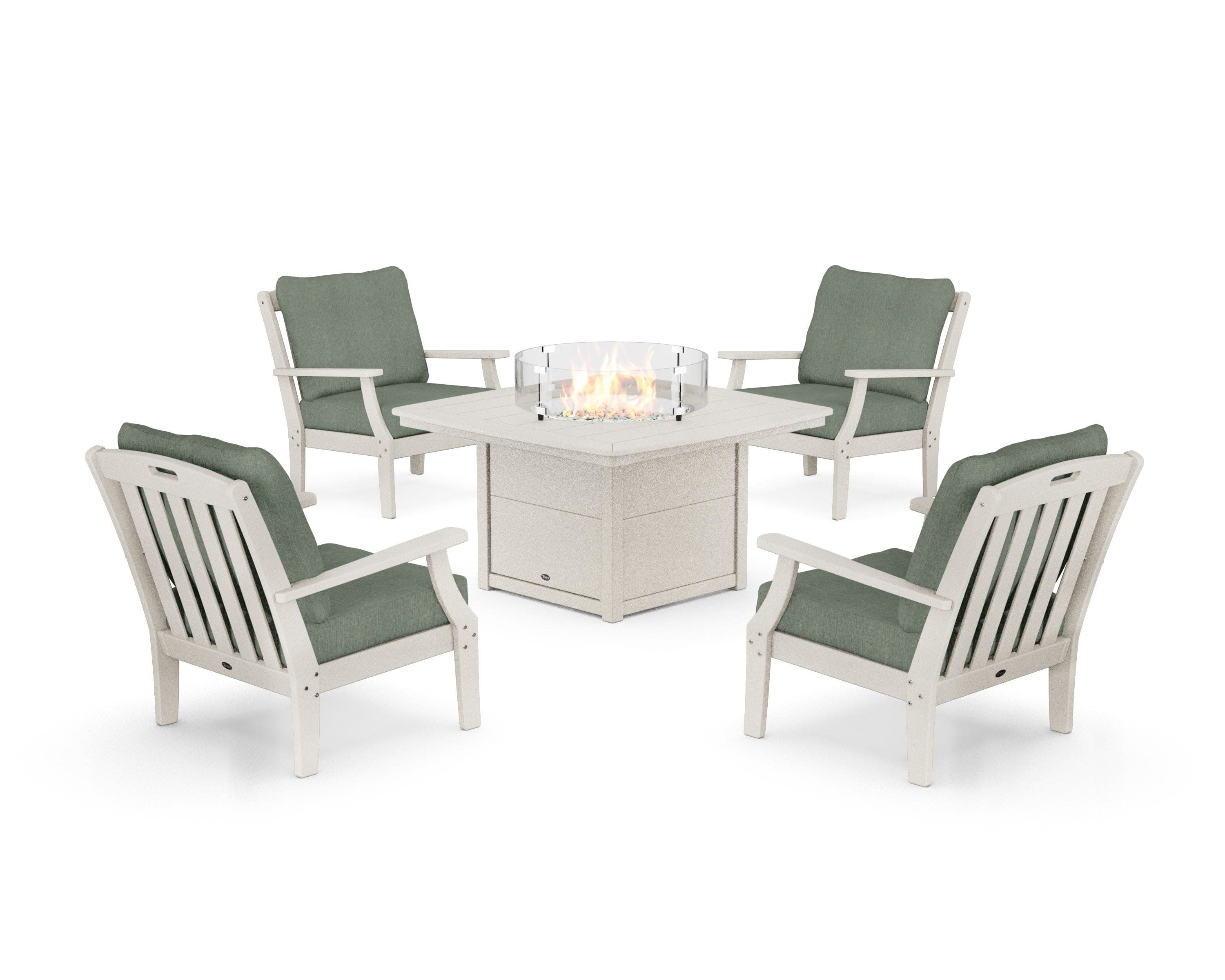 Yacht Club 5-Piece Deep Seating Set with Fire Pit Table in Sand Castle / Cast Sage