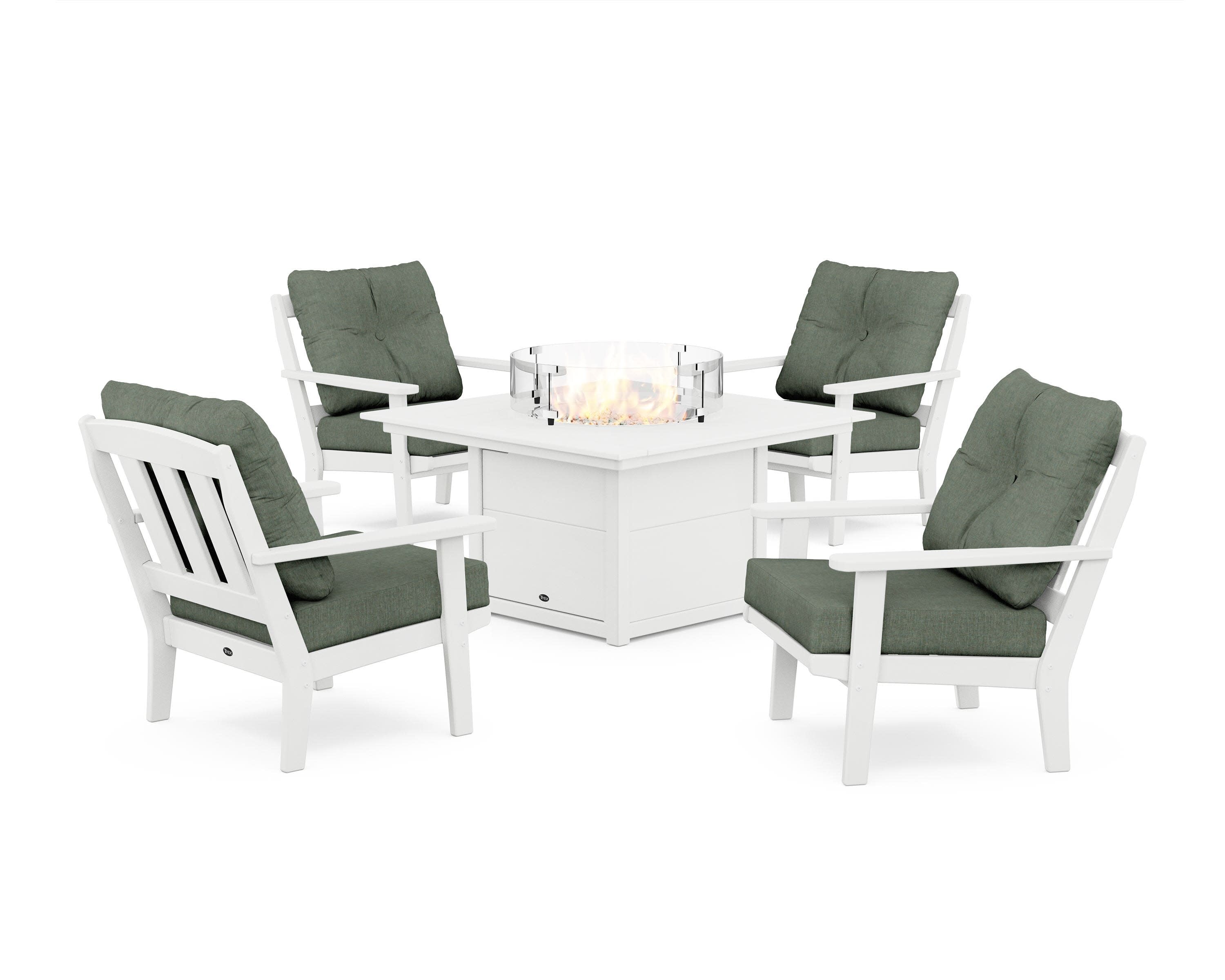 Cape Cod 5-Piece Deep Seating Set with Fire Pit Table in Classic White / Cast Sage