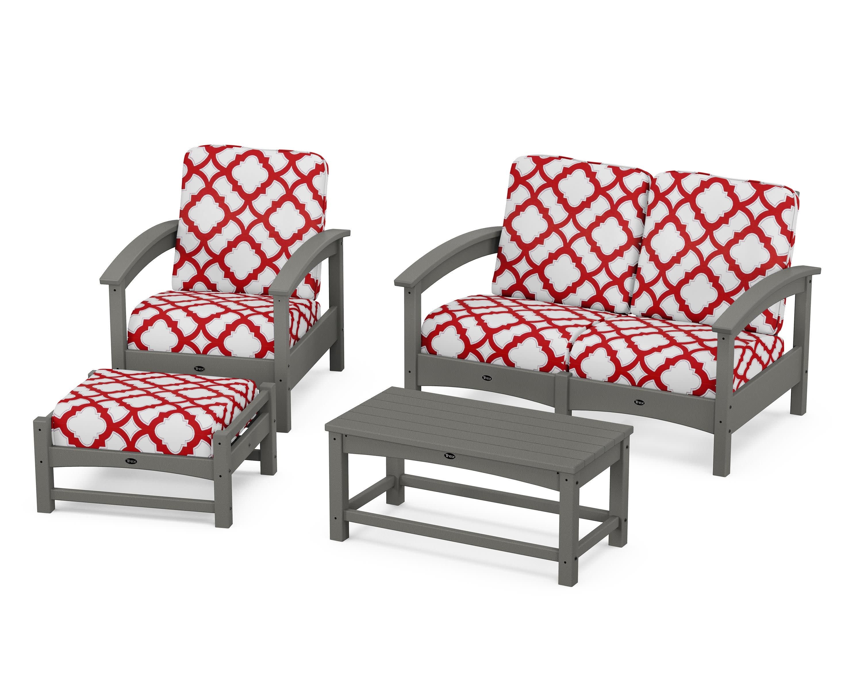 Rockport 4-Piece Deep Seating Conversation Group in Stepping Stone / Trellis Crimson