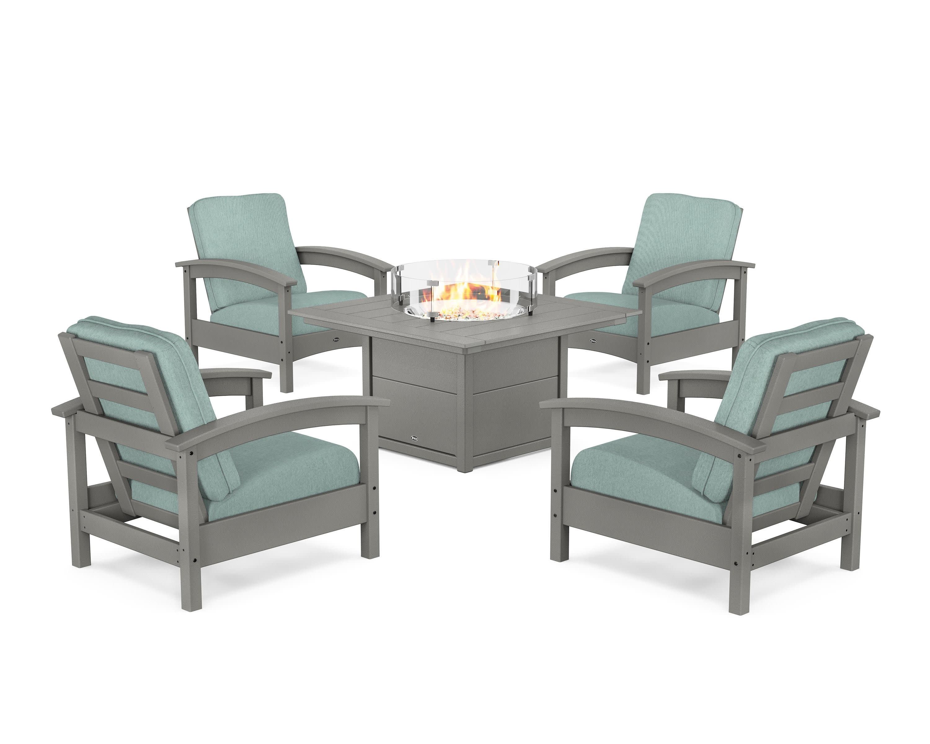 Rockport 5-Piece Deep Seating Set with Square Fire Pit Table in Stepping Stone / Glacier Spa