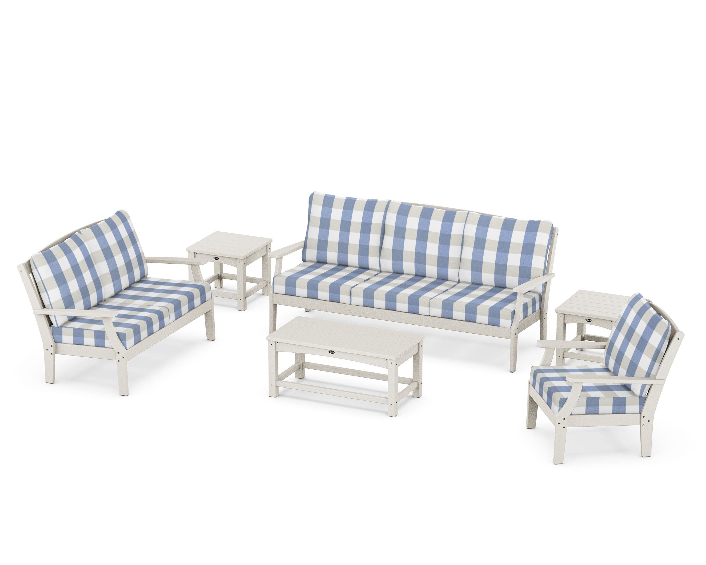 Yacht Club 6-Piece Deep Seating Set in Sand Castle / Buffalo Plaid Sky Blue