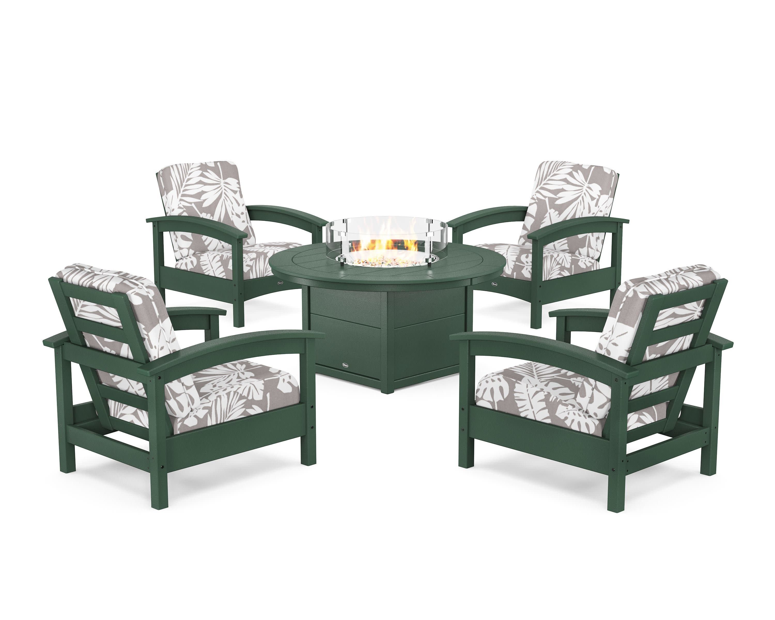 Rockport 5-Piece Deep Seating Set with Round Fire Pit Table in Rainforest Canopy / Leaf Grey Mist