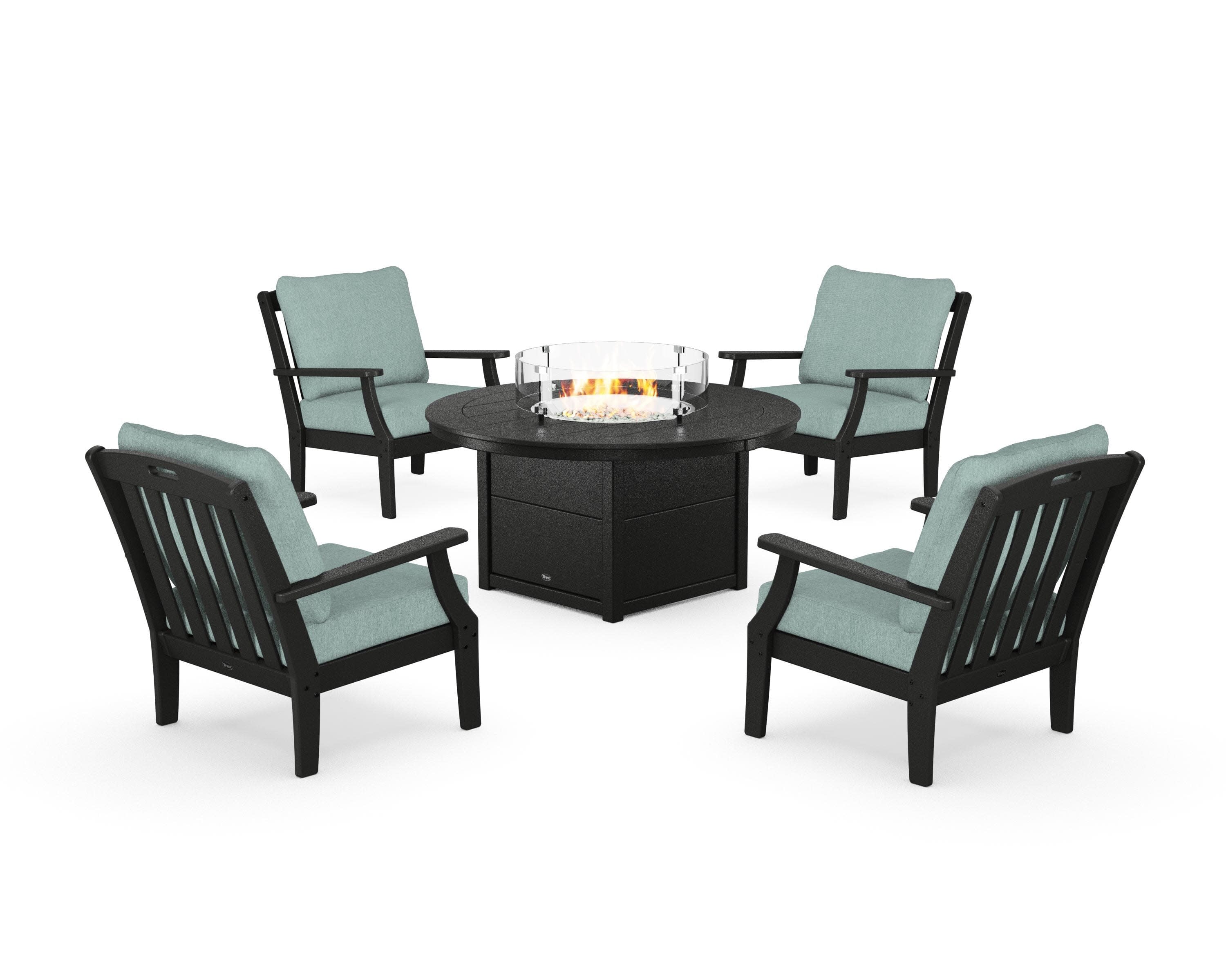 Yacht Club 5-Piece Deep Seating Set with Round Fire Pit Table in Charcoal Black / Glacier Spa