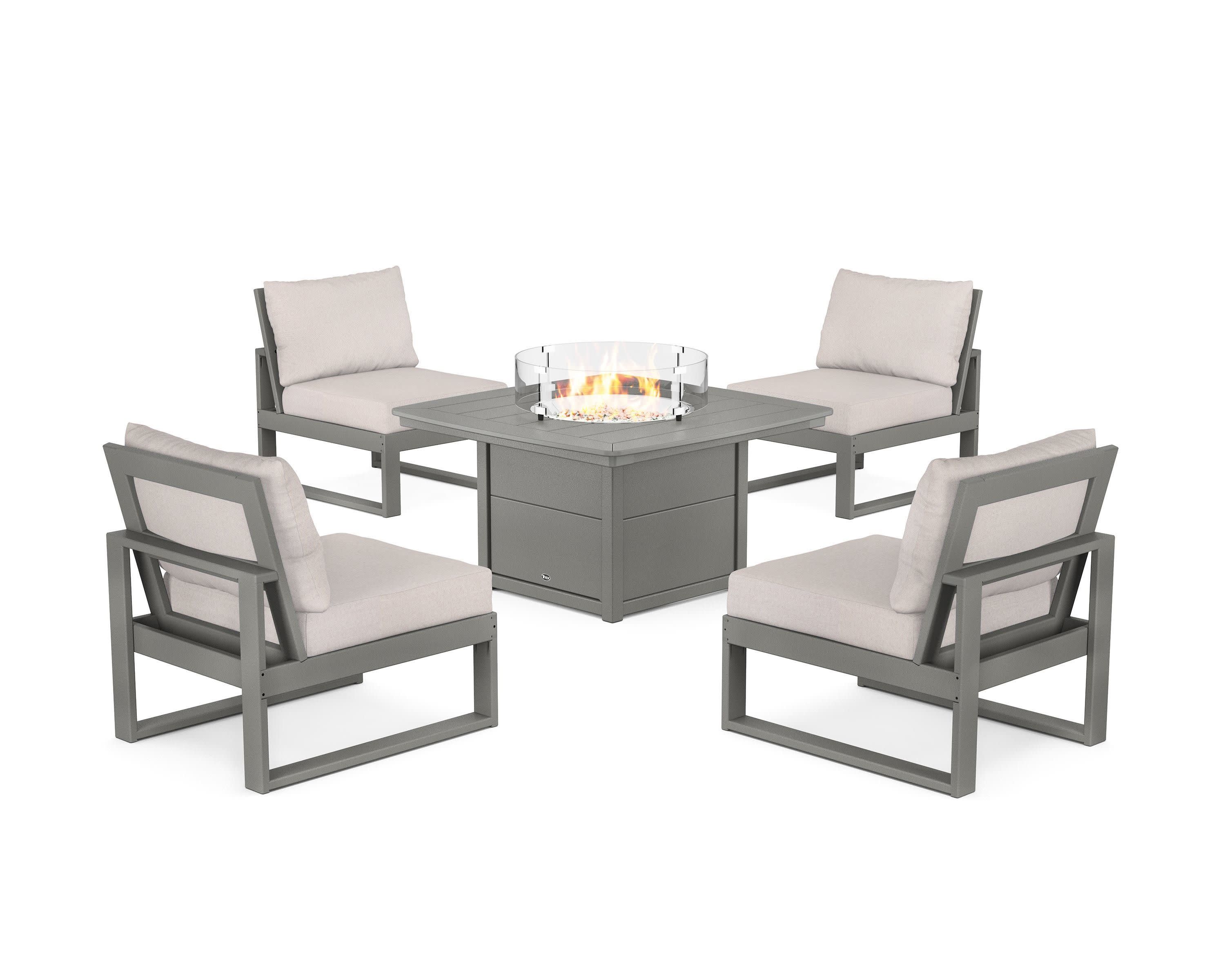 Eastport Modular 5-Piece Deep Seating Set with Yacht Club Fire Pit Table in Stepping Stone / Dune Burlap