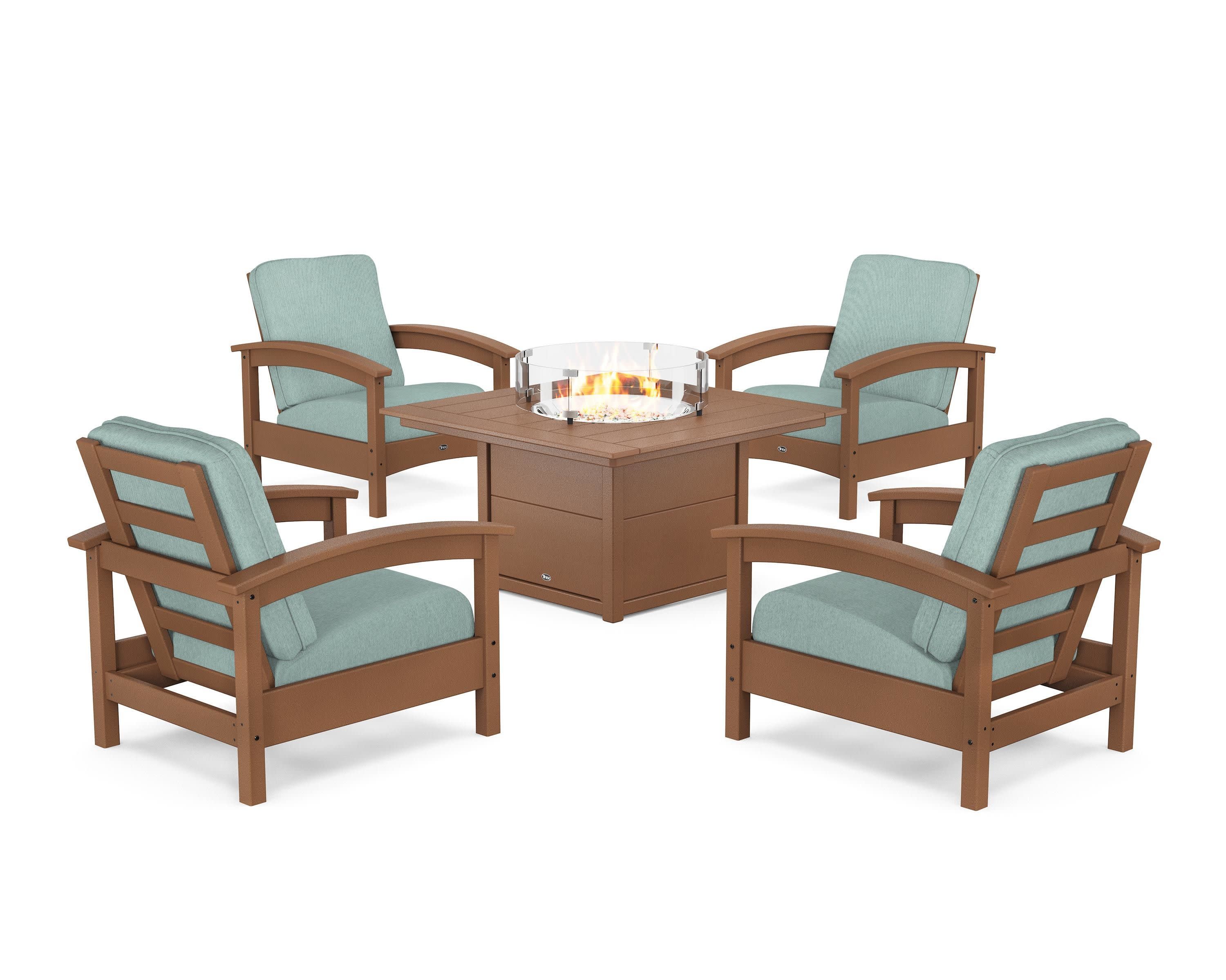 Rockport 5-Piece Deep Seating Set with Square Fire Pit Table in Tree House / Glacier Spa