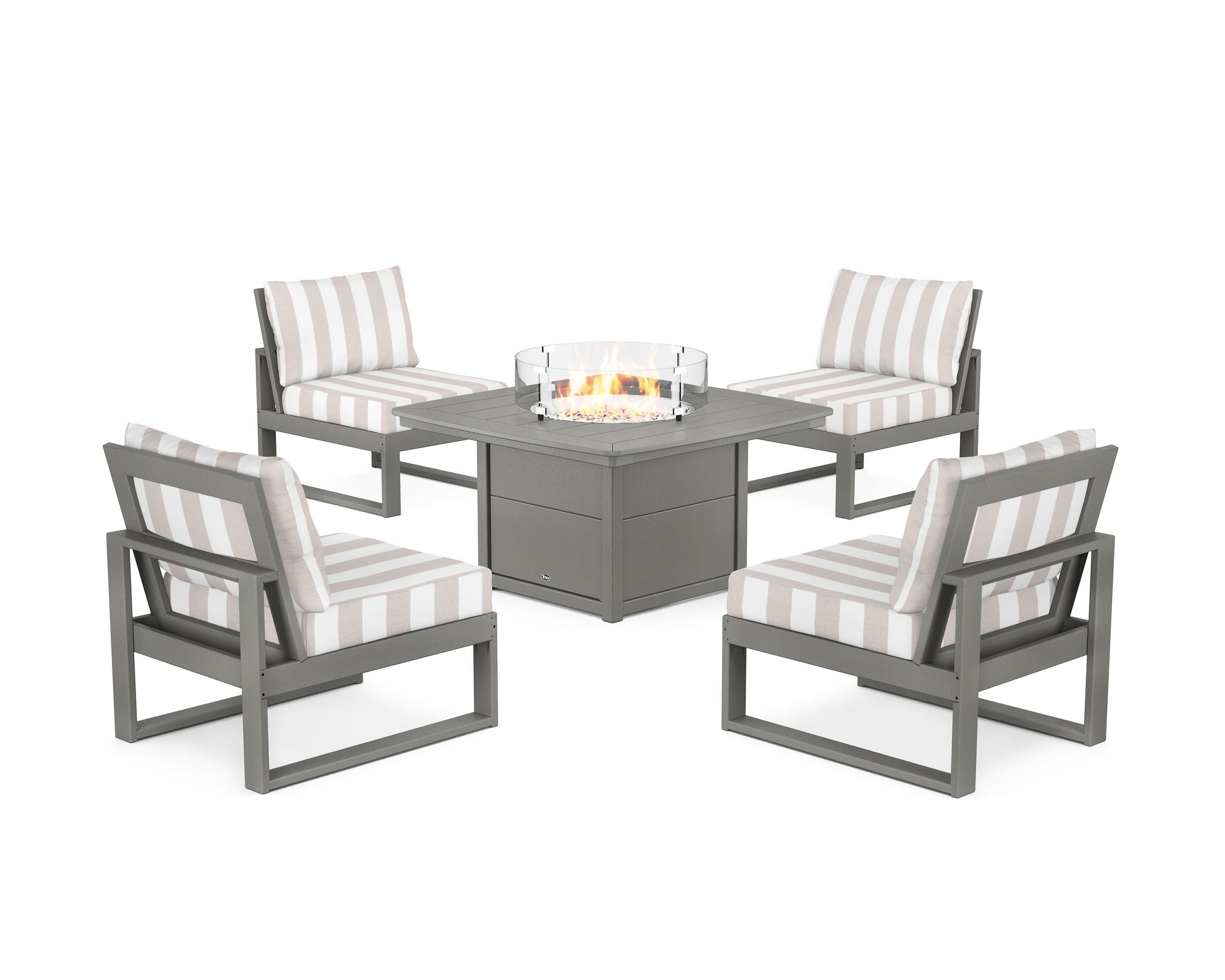 Eastport Modular 5-Piece Deep Seating Set with Yacht Club Fire Pit Table in Stepping Stone / Cabana Stripe Dune Burlap