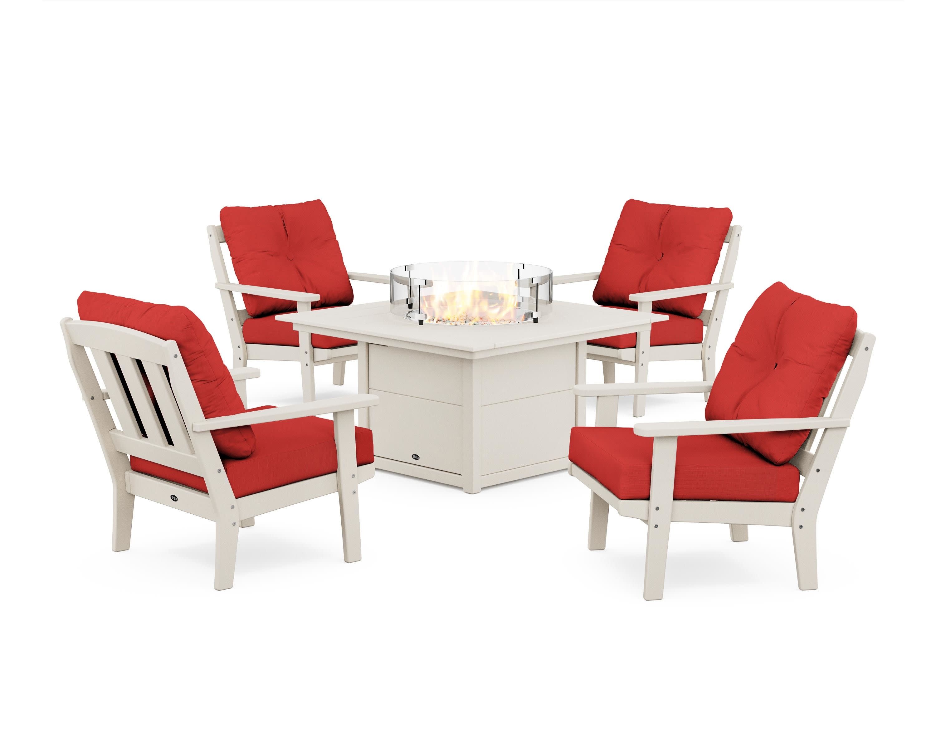Cape Cod 5-Piece Deep Seating Set with Fire Pit Table in Sand Castle / Crimson Linen