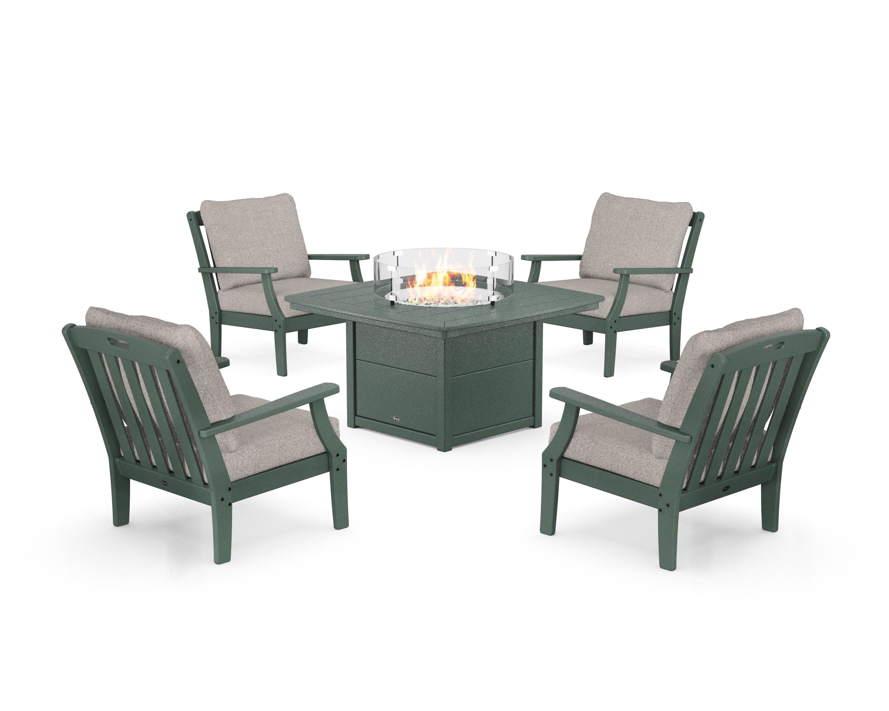 Yacht Club 5-Piece Deep Seating Set with Fire Pit Table in Rainforest Canopy / Weathered Tweed
