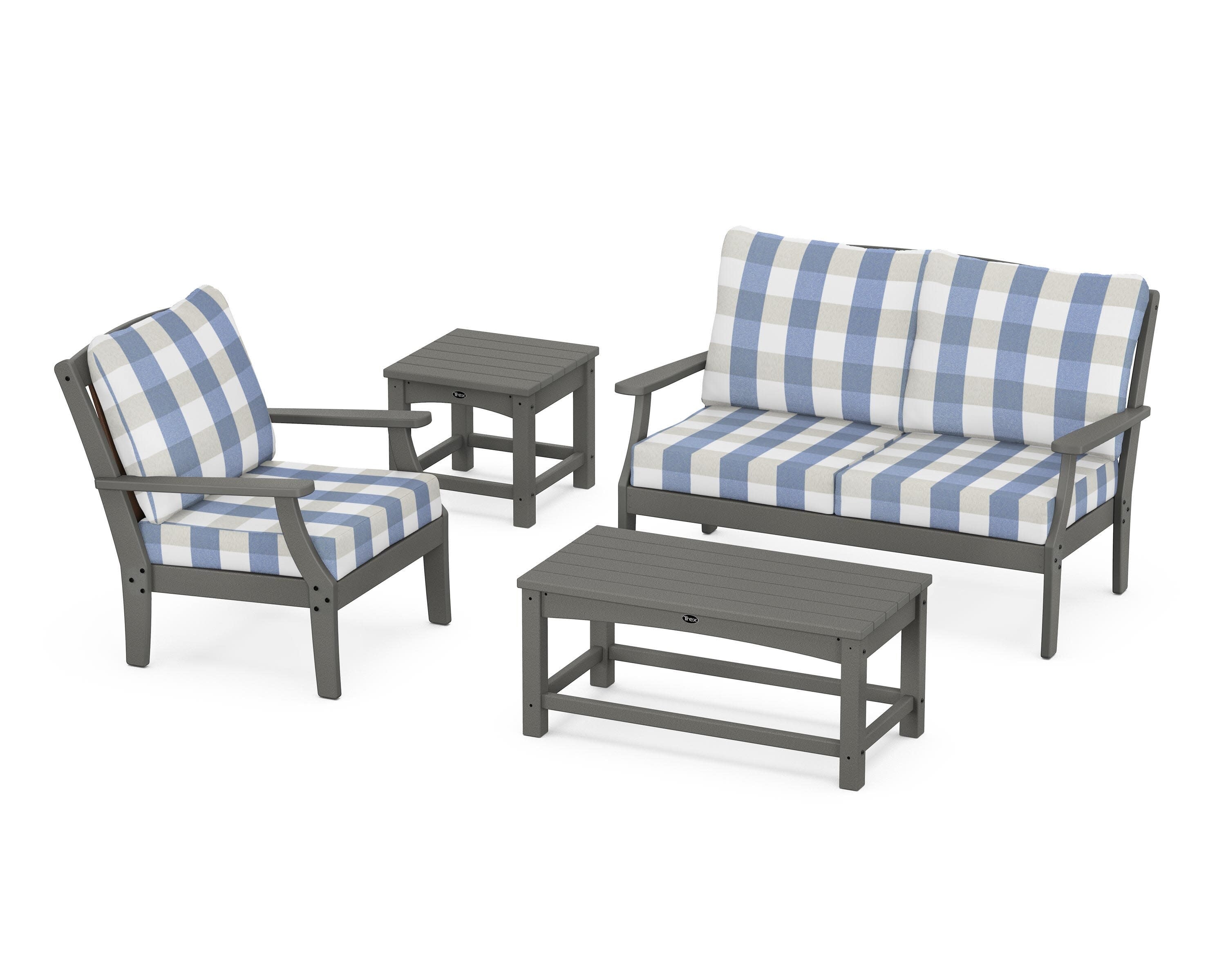 Yacht Club 4-Piece Deep Seating Set in Stepping Stone / Buffalo Plaid Sky Blue