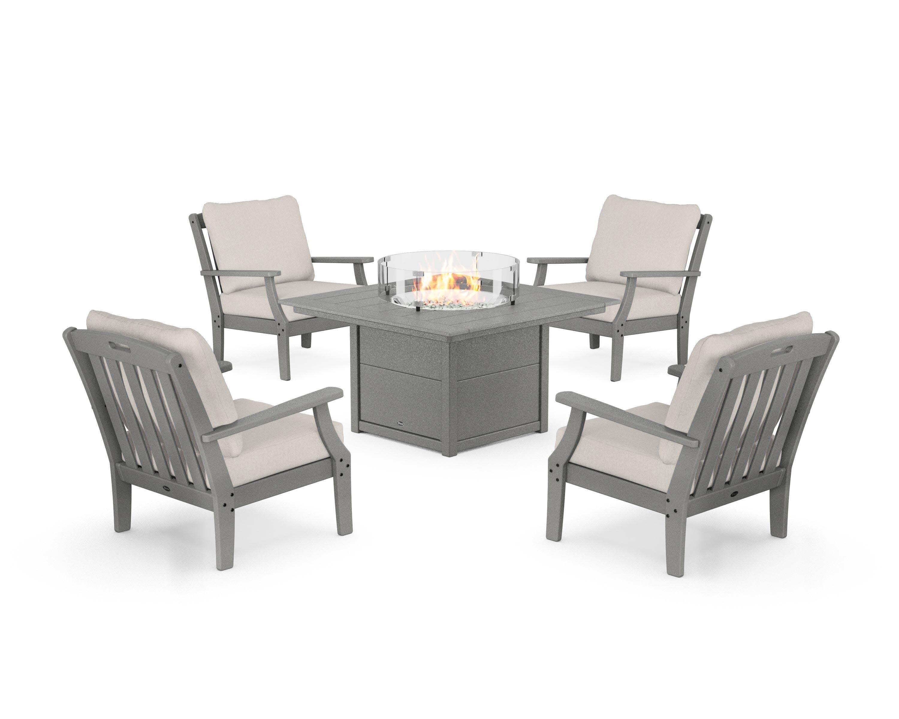 Yacht Club 5-Piece Deep Seating Set with Square Fire Pit Table in Stepping Stone / Cast Ash