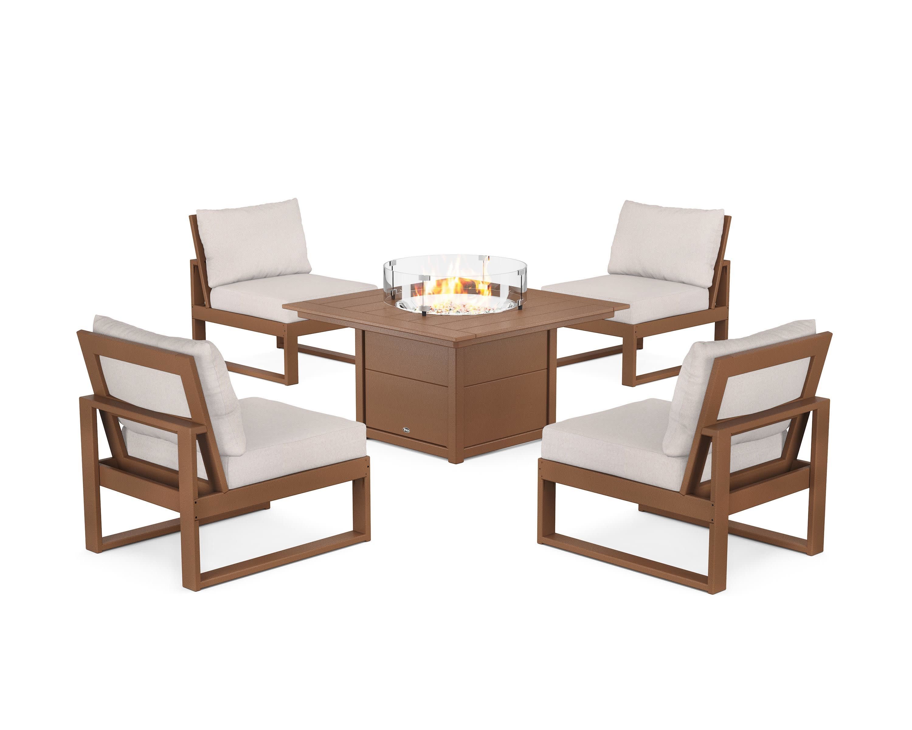 Eastport Modular 5-Piece Deep Seating Set with Square Fire Pit Table in Tree House / Dune Burlap