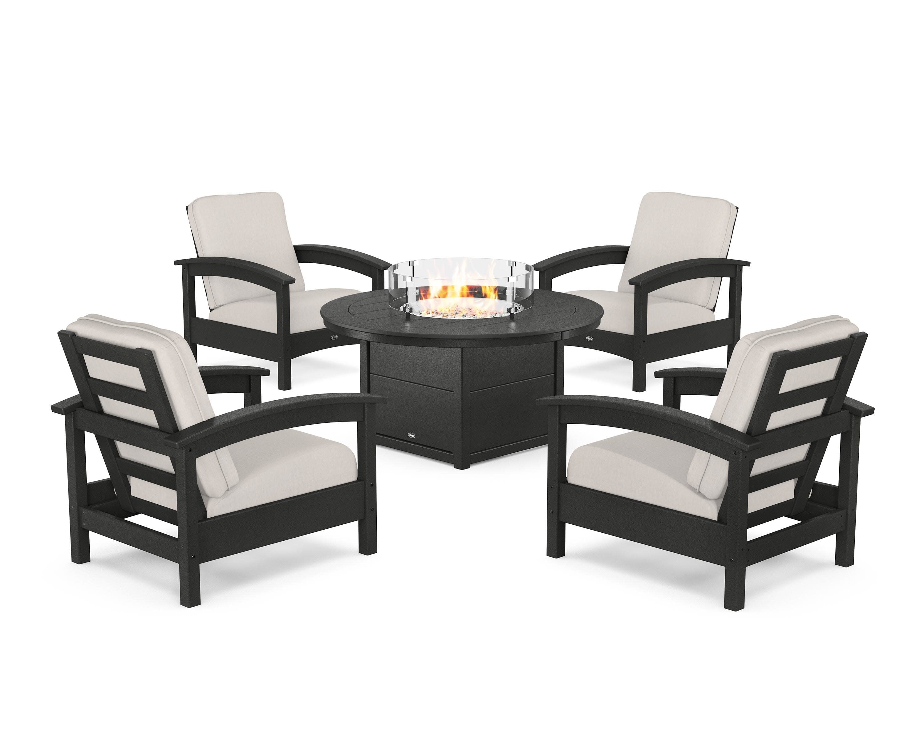 Rockport 5-Piece Deep Seating Set with Round Fire Pit Table in Charcoal Black / Cast Ash
