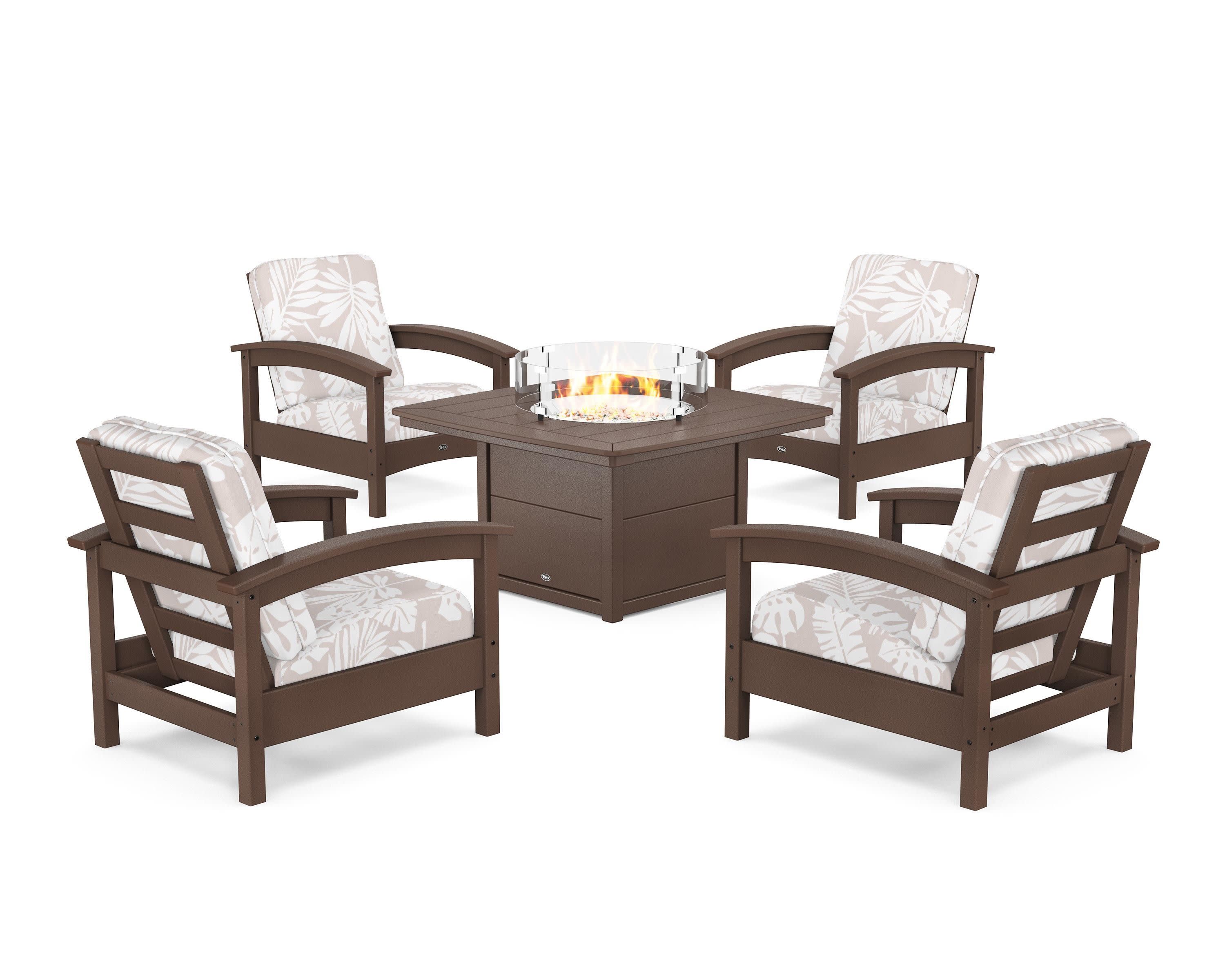 Rockport 5-Piece Deep Seating Set with Yacht Club Fire Pit Table in Vintage Lantern / Leaf Dune Burlap