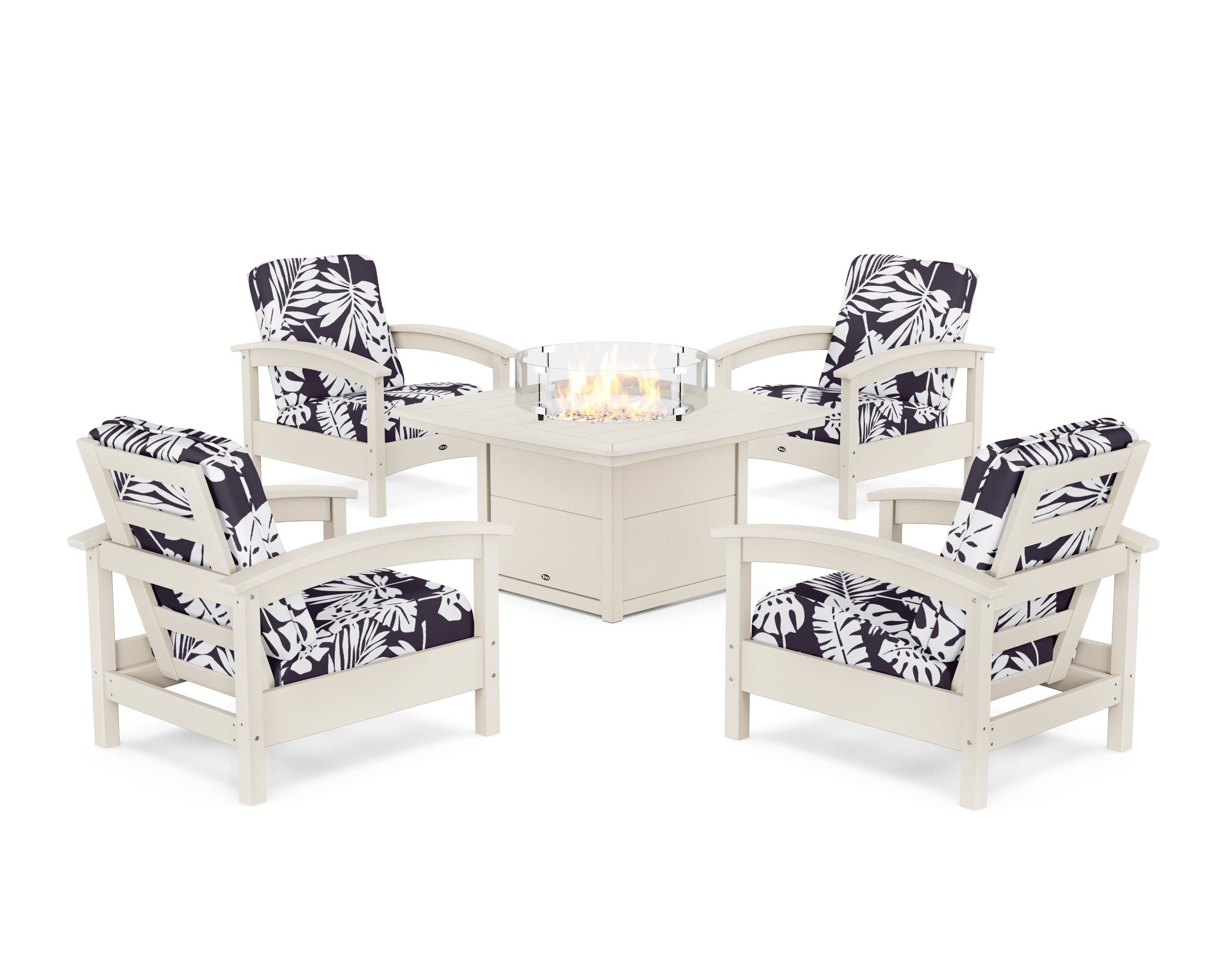 Rockport 5-Piece Deep Seating Set with Yacht Club Fire Pit Table in Sand Castle / Leaf Navy