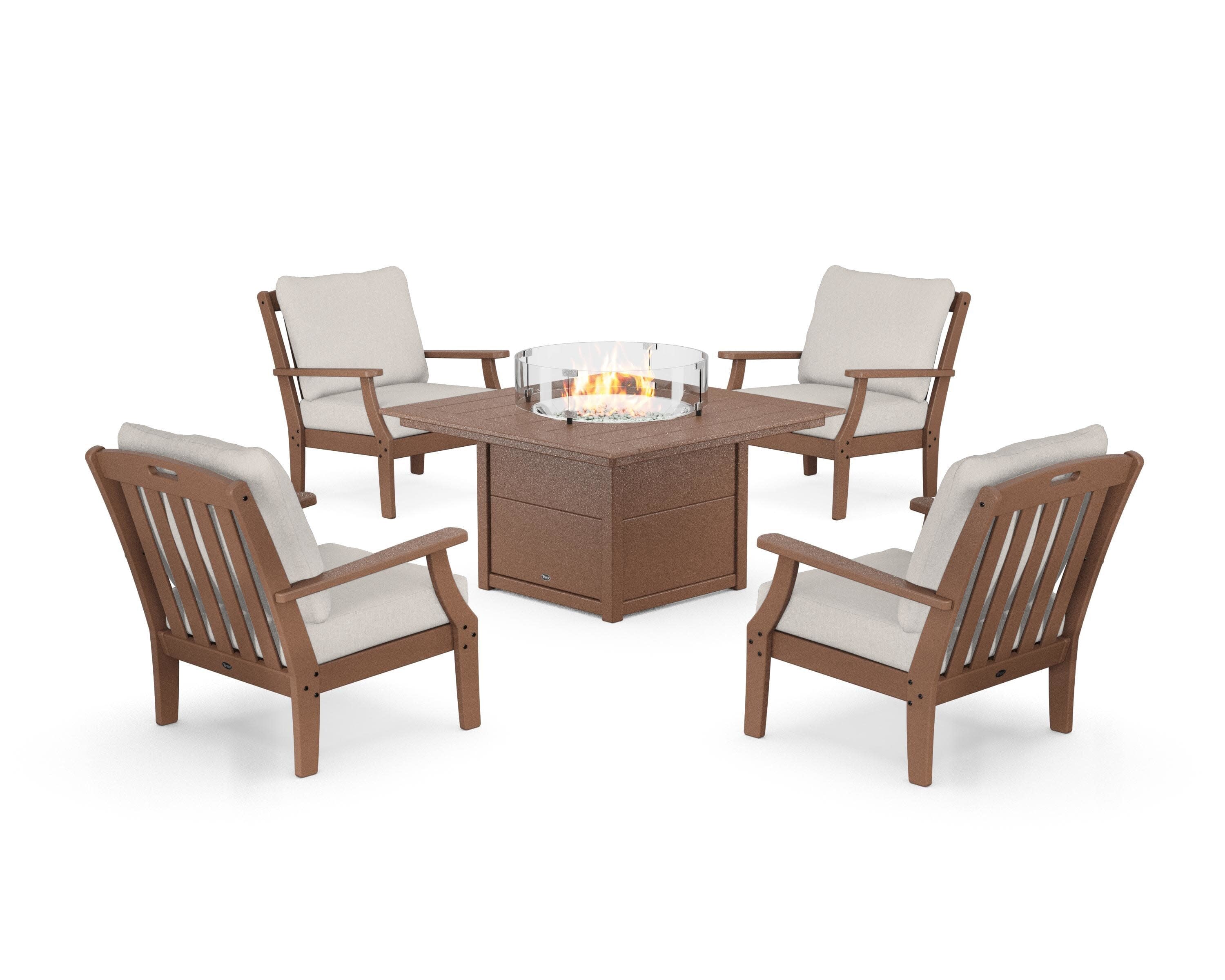 Yacht Club 5-Piece Deep Seating Set with Square Fire Pit Table in Tree House / Cast Ash