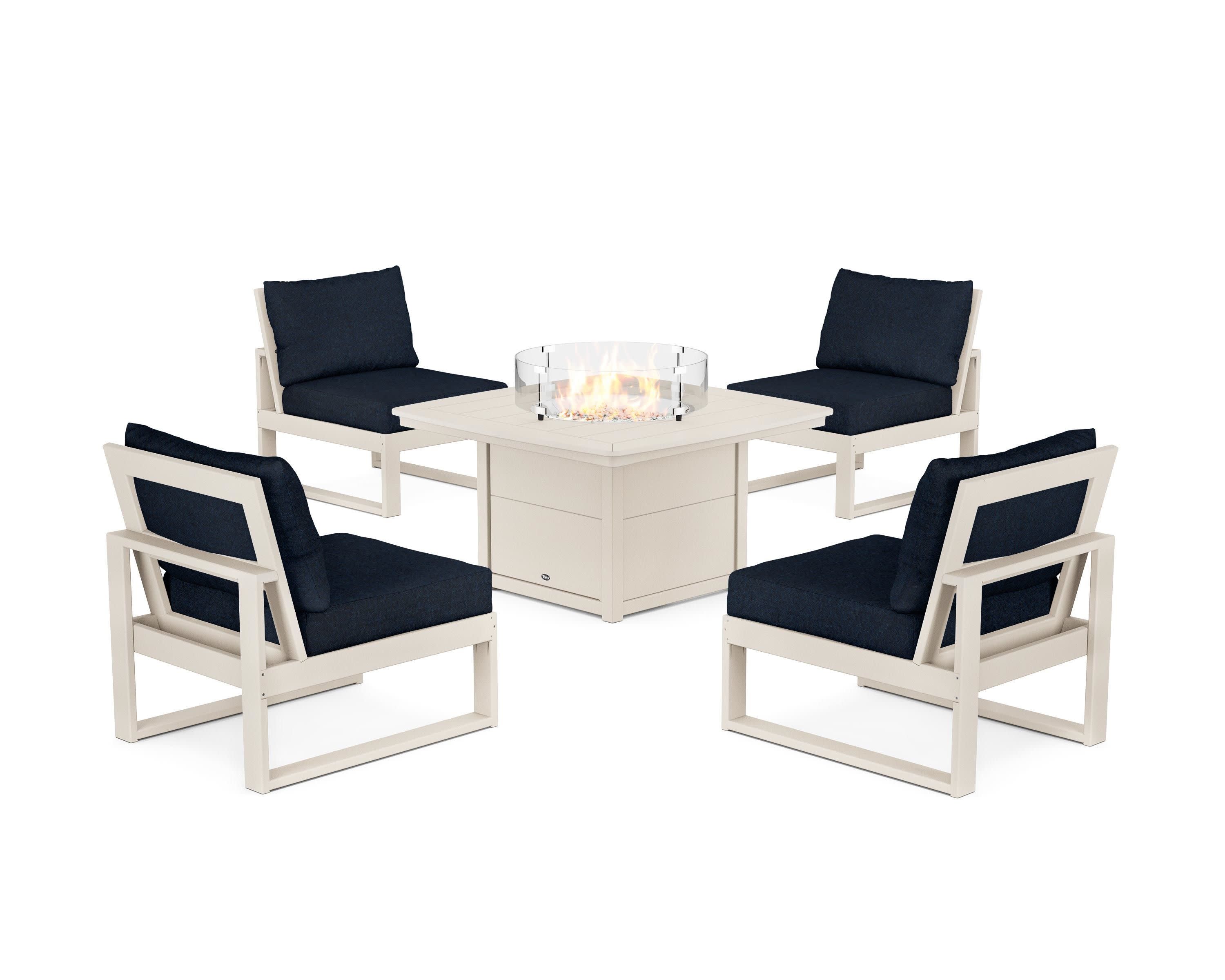Eastport Modular 5-Piece Deep Seating Set with Yacht Club Fire Pit Table in Sand Castle / Marine Indigo