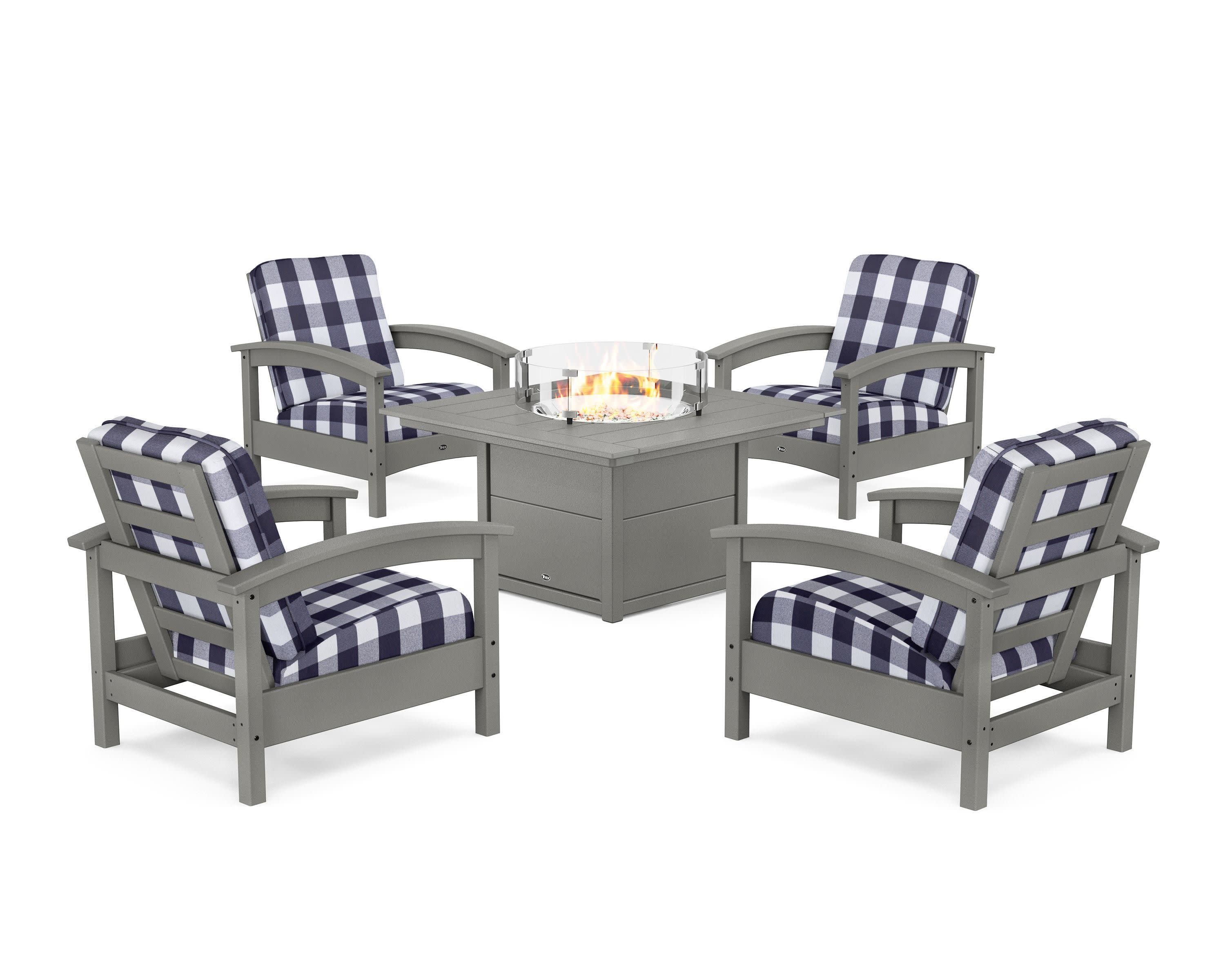 Rockport 5-Piece Deep Seating Set with Square Fire Pit Table in Stepping Stone / Buffalo Plaid Navy