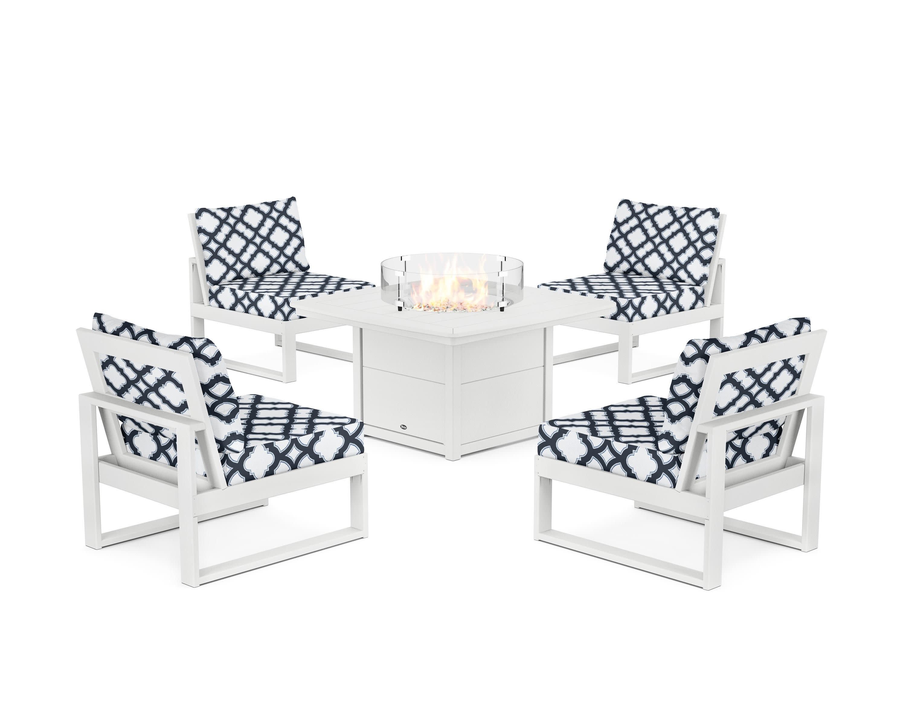Eastport Modular 5-Piece Deep Seating Set with Yacht Club Fire Pit Table in Classic White / Trellis Marine Indigo