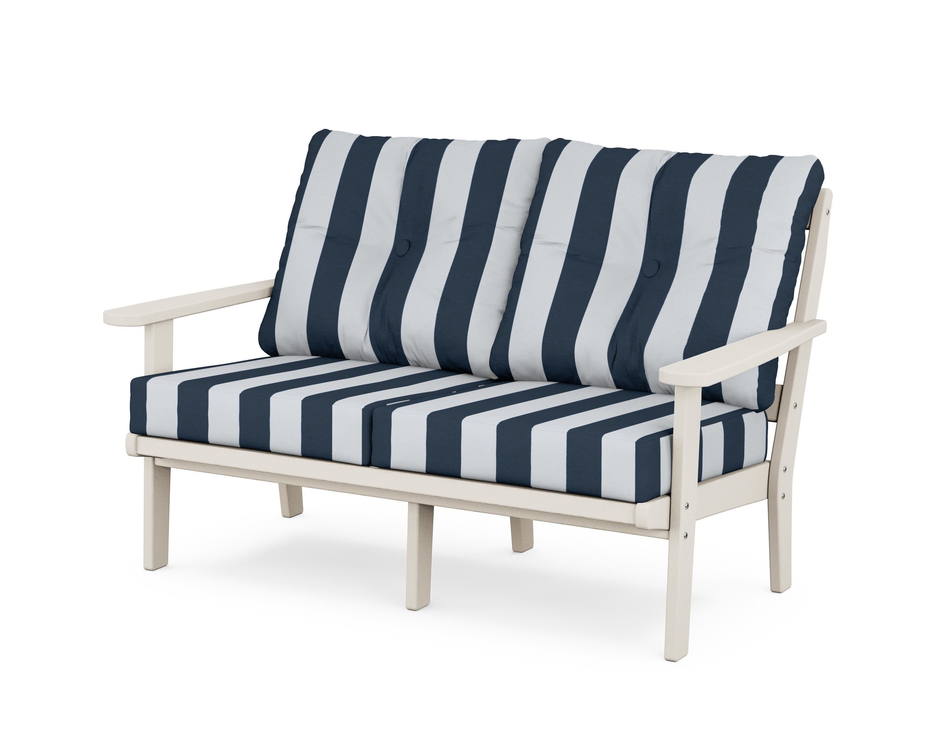 Cape Cod Deep Seating Loveseat in Sand Castle / Cabana Stripe Marine Indigo