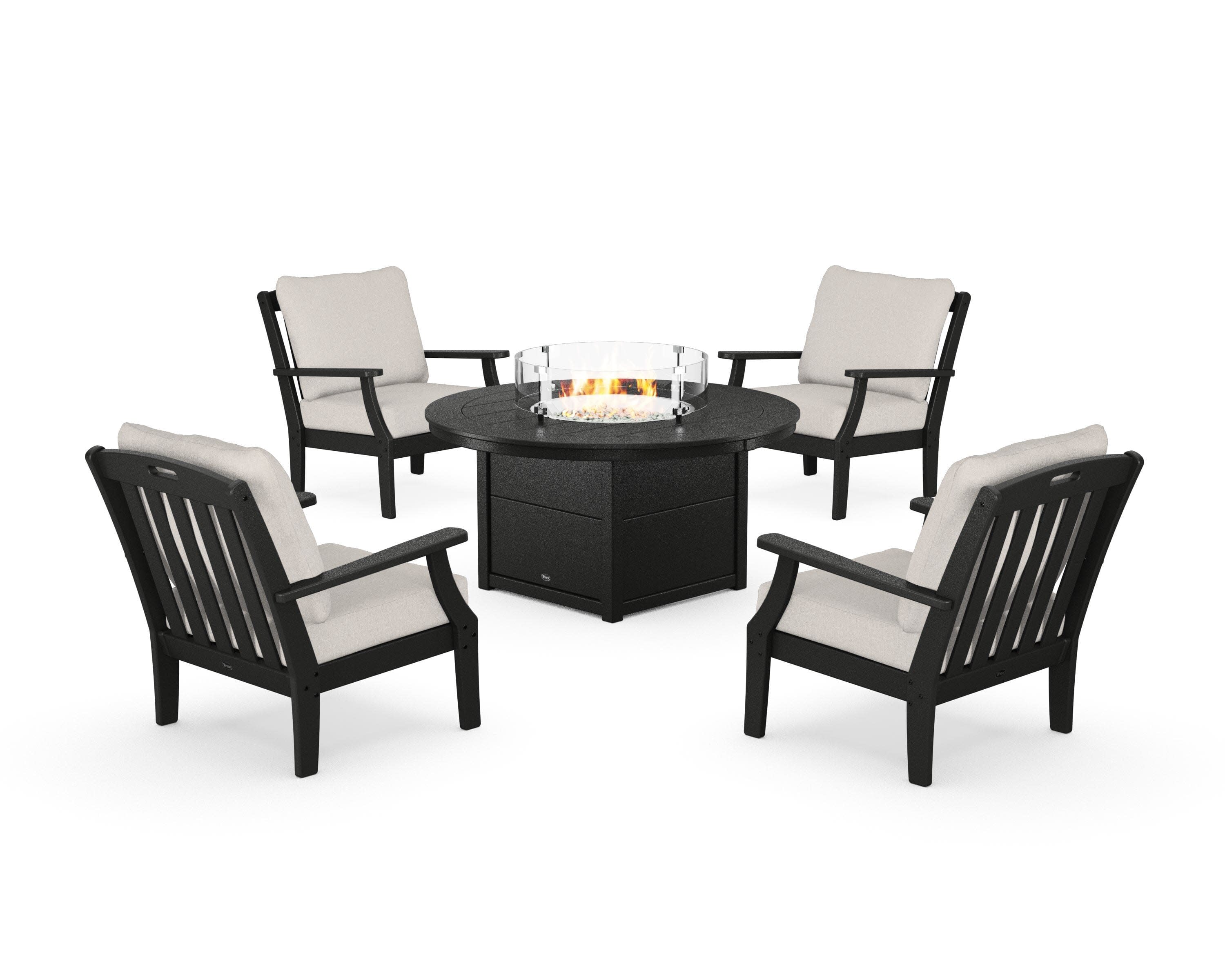 Yacht Club 5-Piece Deep Seating Set with Round Fire Pit Table in Charcoal Black / Cast Ash