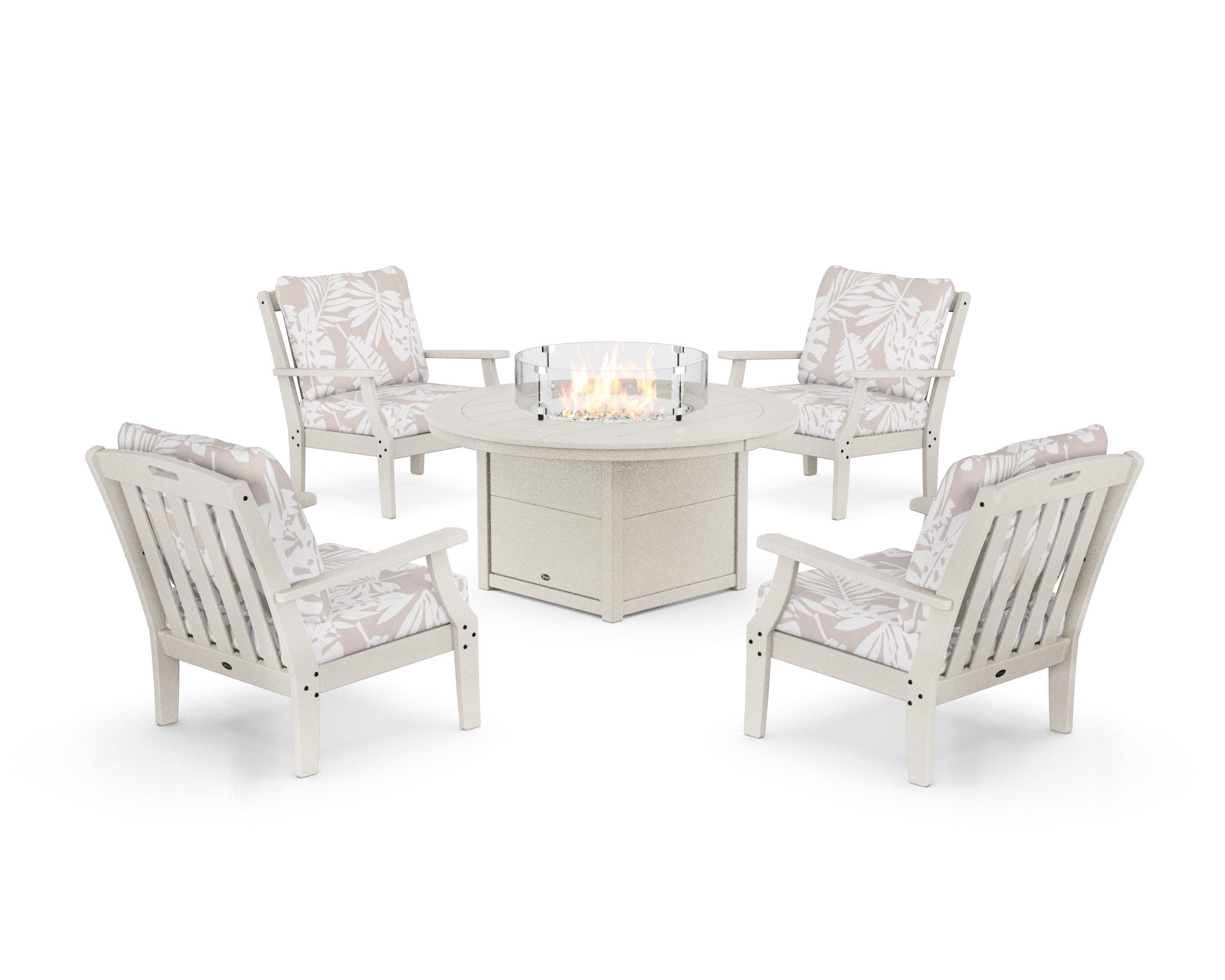 Yacht Club 5-Piece Deep Seating Set with Round Fire Pit Table in Sand Castle / Leaf Dune Burlap