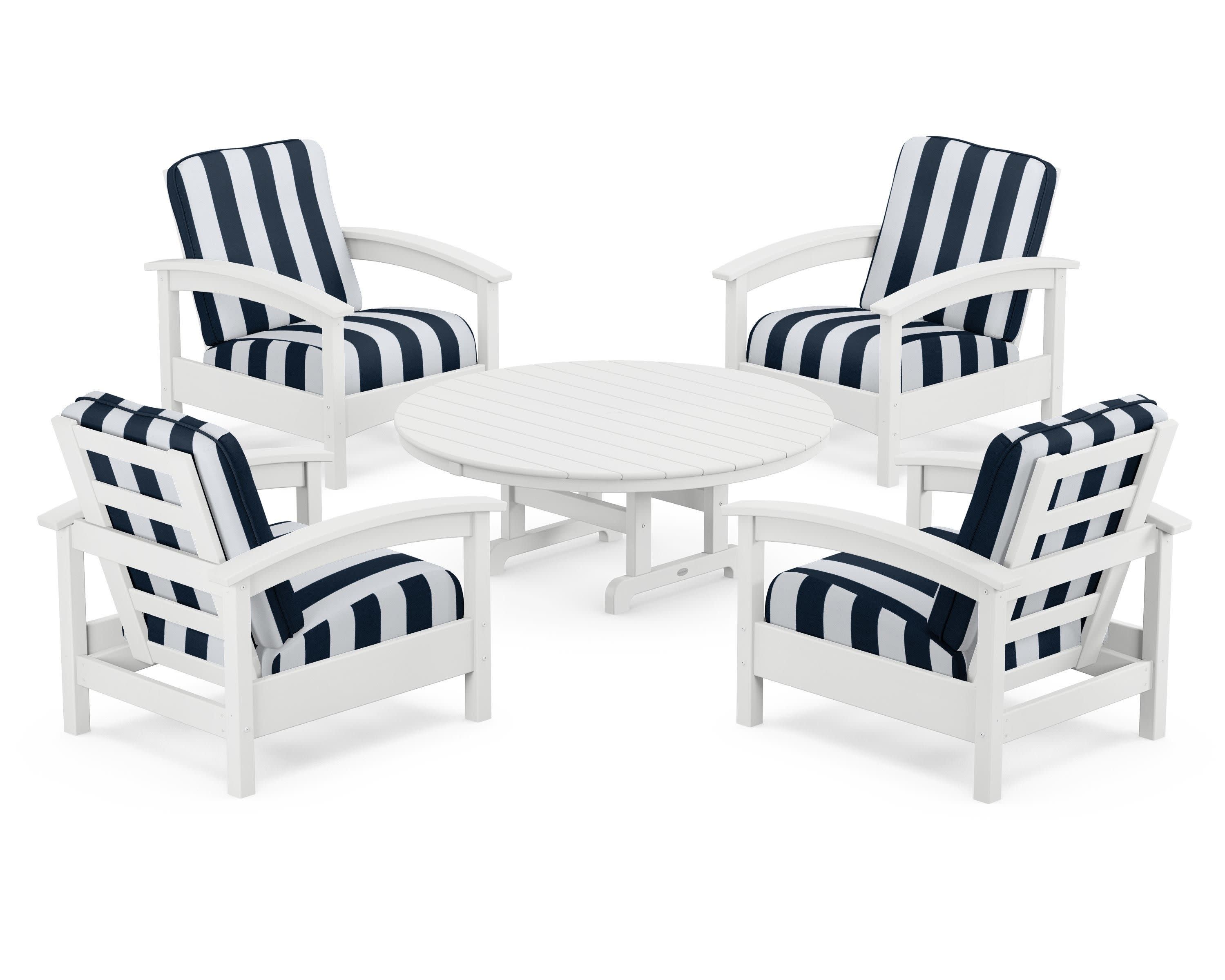 Rockport 5-Piece Deep Seating Set in Classic White / Cabana Stripe Marine Indigo