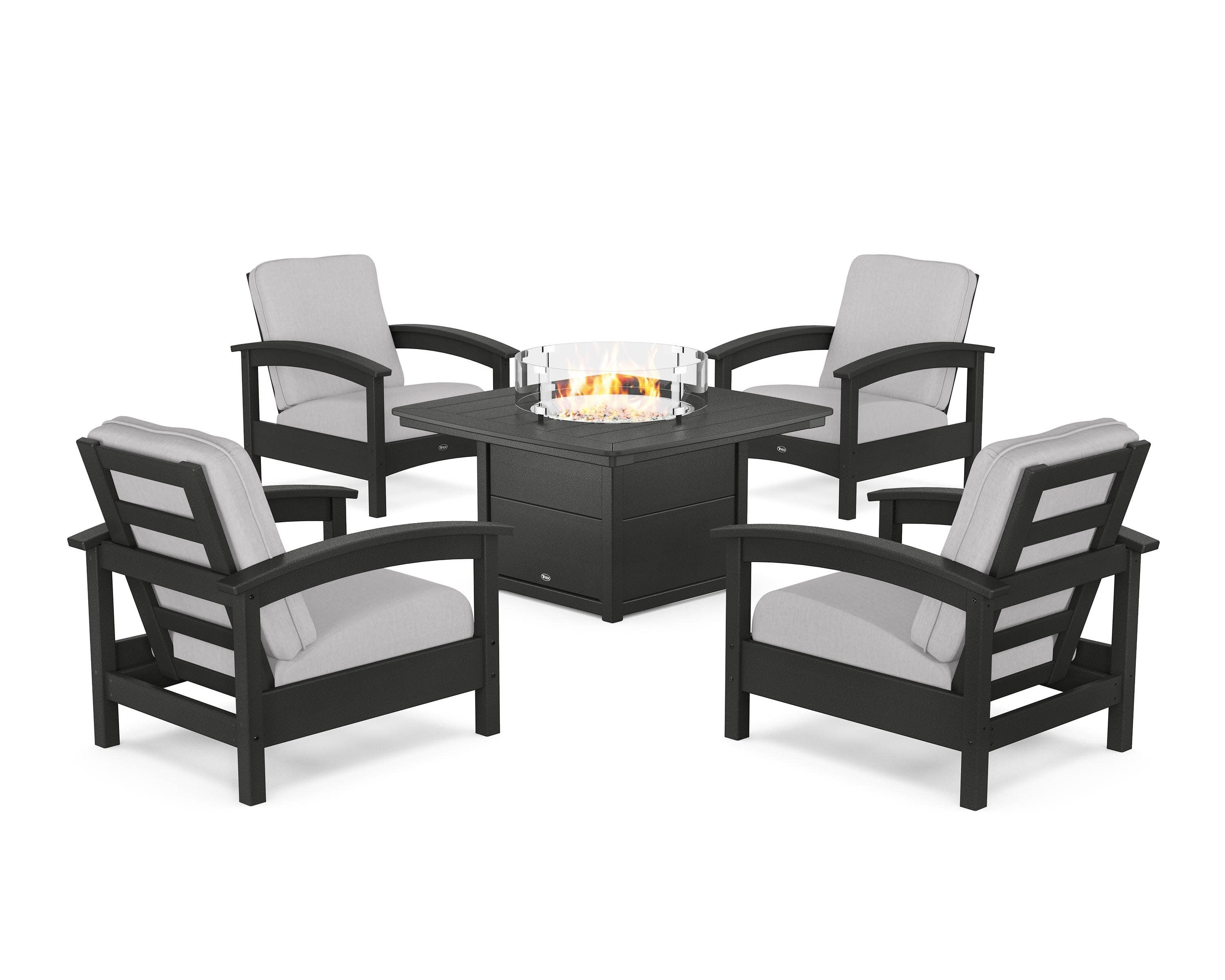Rockport 5-Piece Deep Seating Set with Yacht Club Fire Pit Table in Charcoal Black / Granite