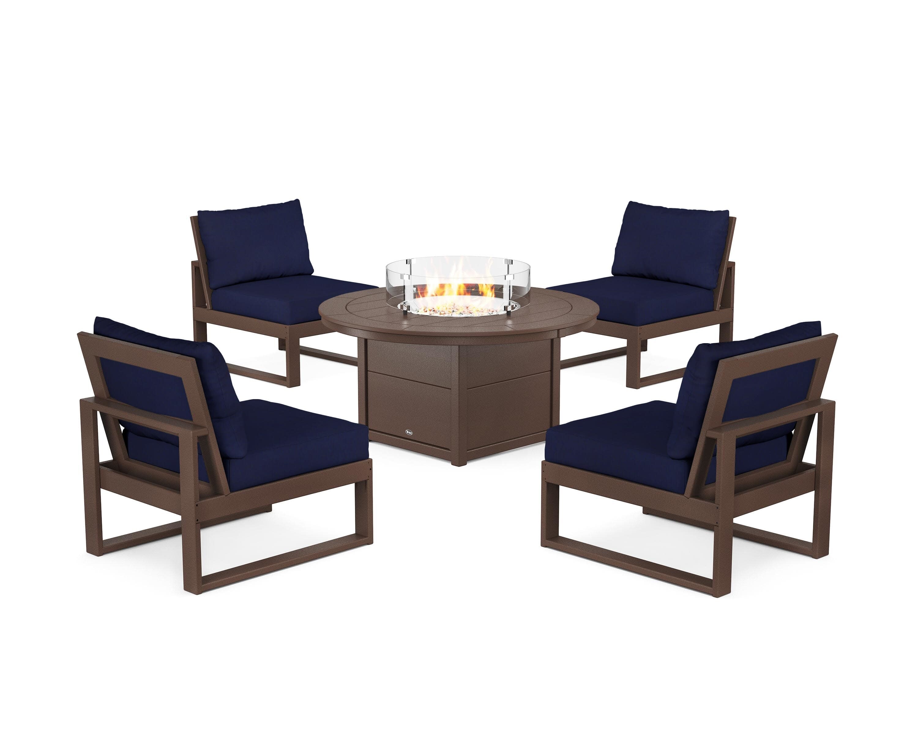 Eastport Modular 5-Piece Deep Seating Set with Round Fire Pit Table in Vintage Lantern / Navy