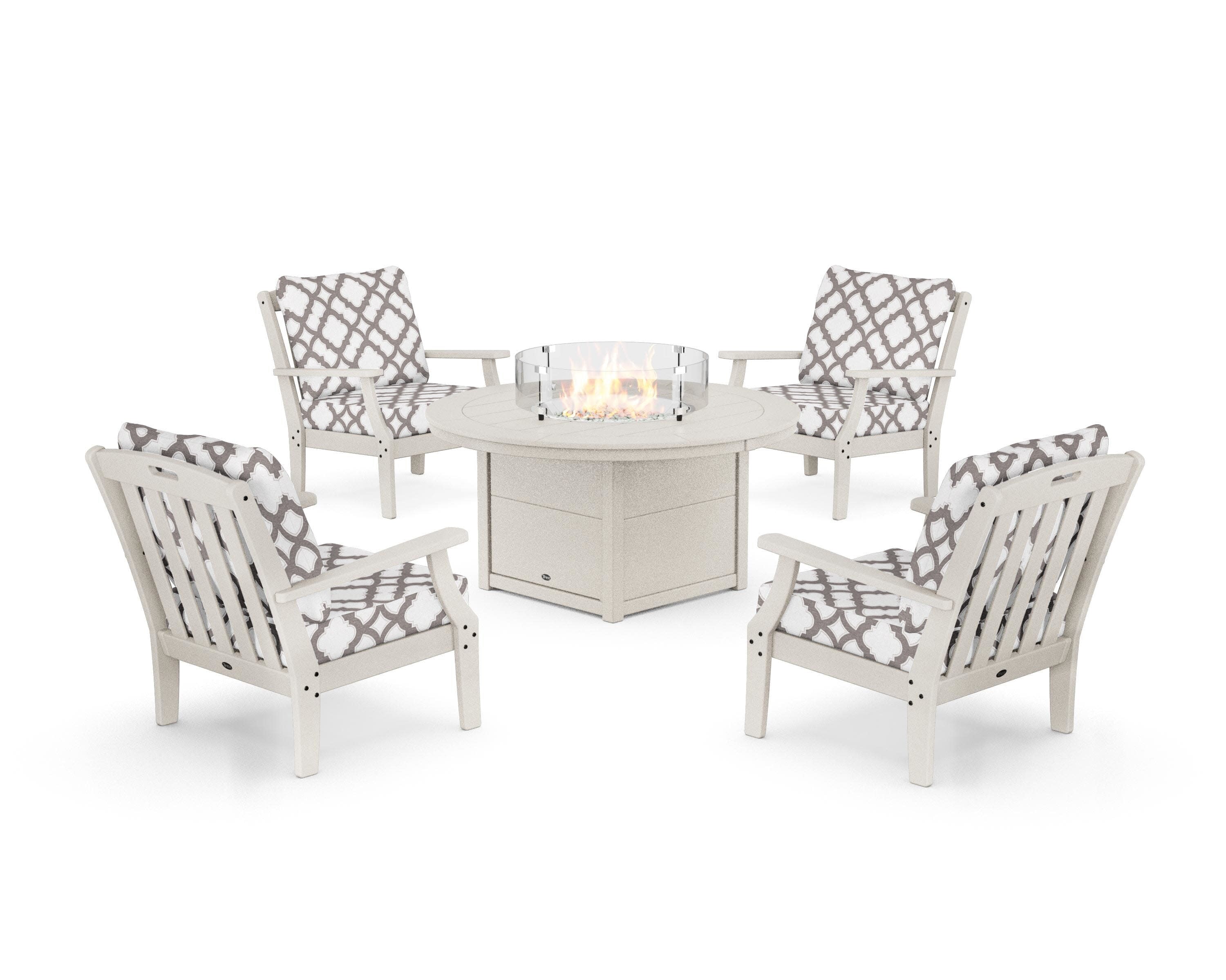 Yacht Club 5-Piece Deep Seating Set with Round Fire Pit Table in Sand Castle / Trellis Grey Mist
