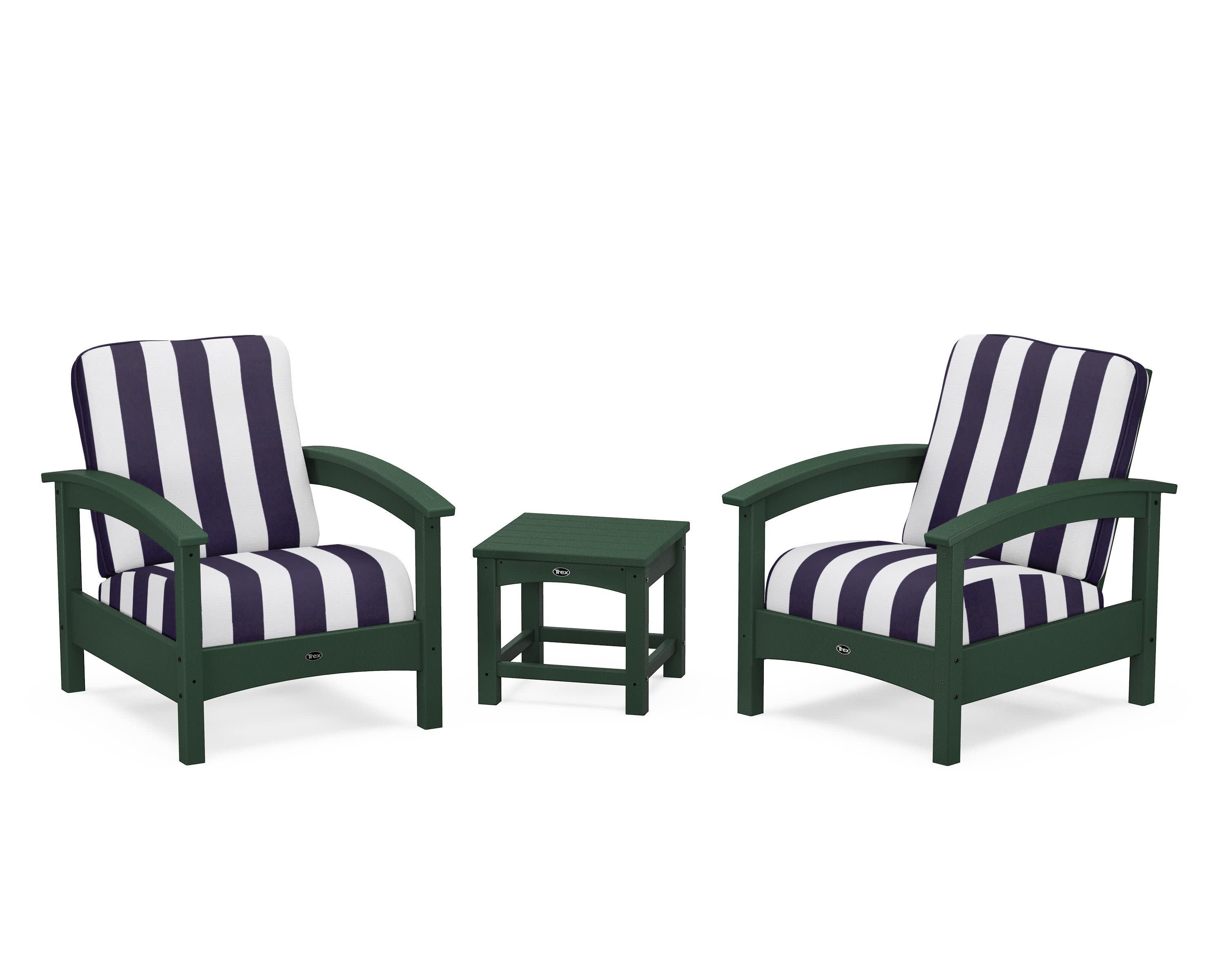 Rockport Club 3-Piece Deep Seating Conversation Set in Rainforest Canopy / Cabana Stripe Navy