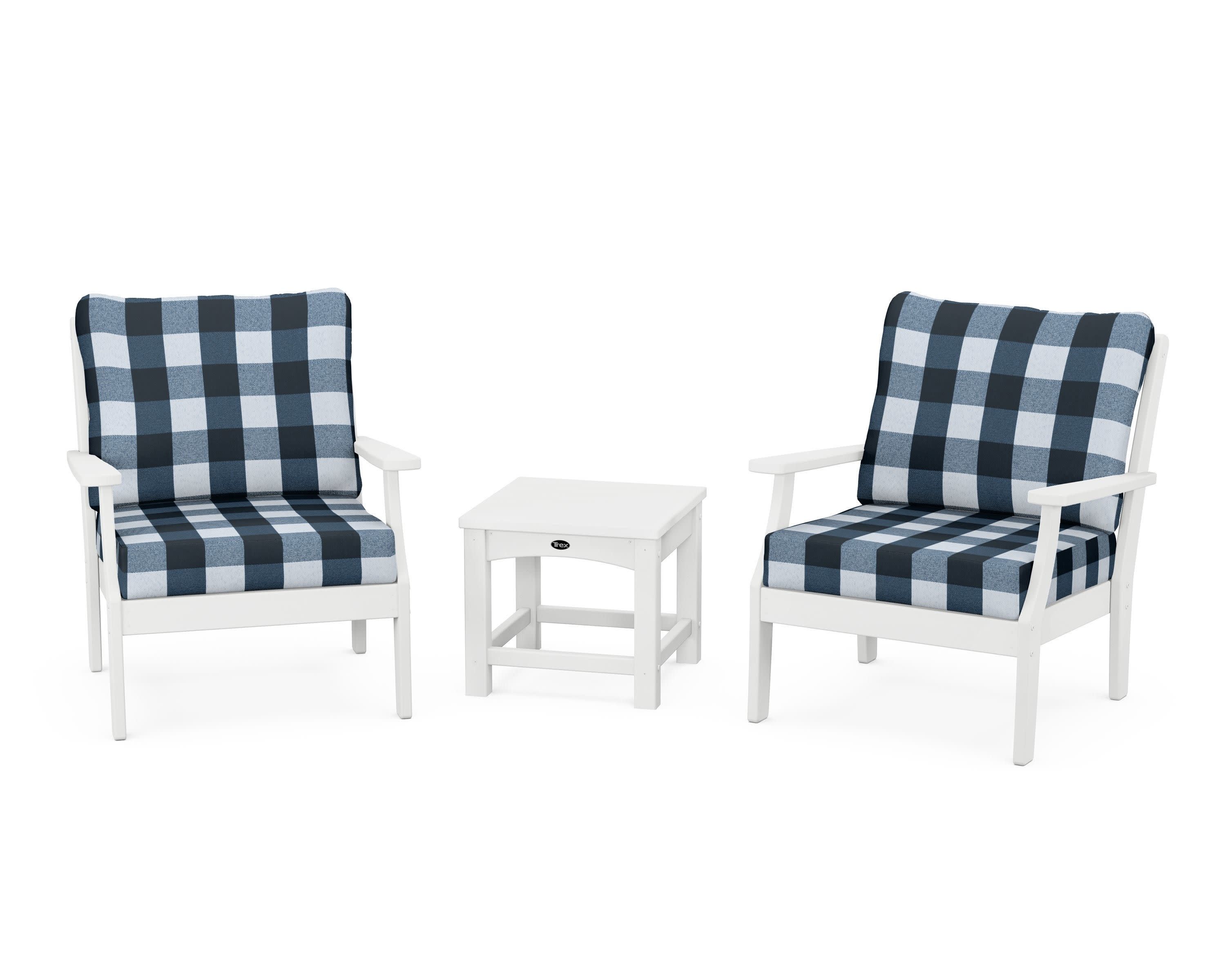 Yacht Club 3-Piece Deep Seating Set in Classic White / Buffalo Plaid Marine Indigo