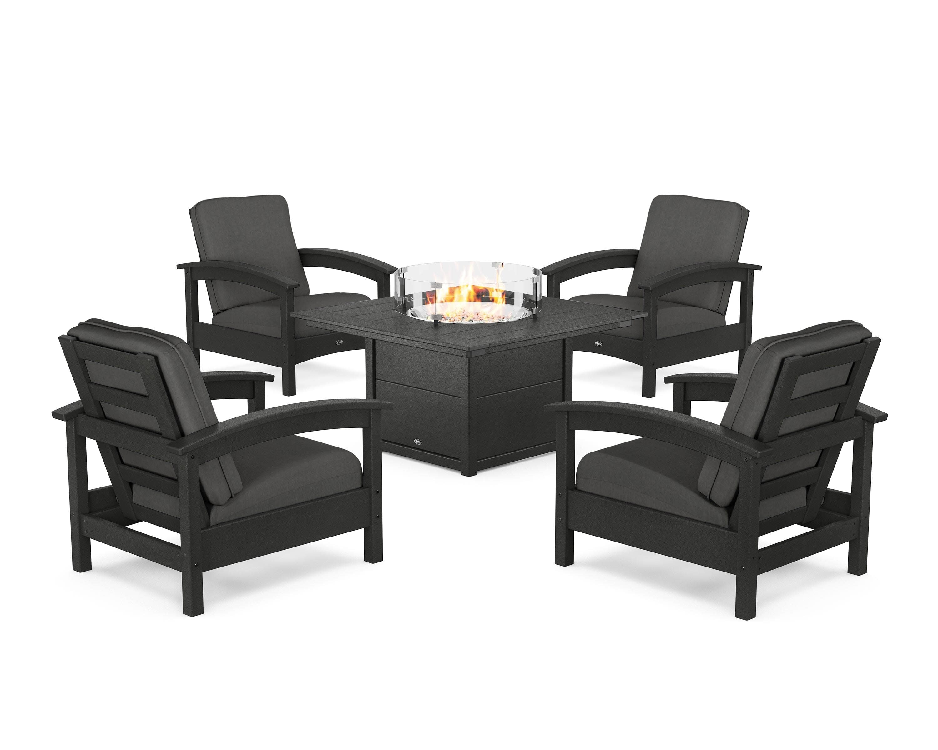 Rockport 5-Piece Deep Seating Set with Square Fire Pit Table in Charcoal Black / Spectrum Carbon