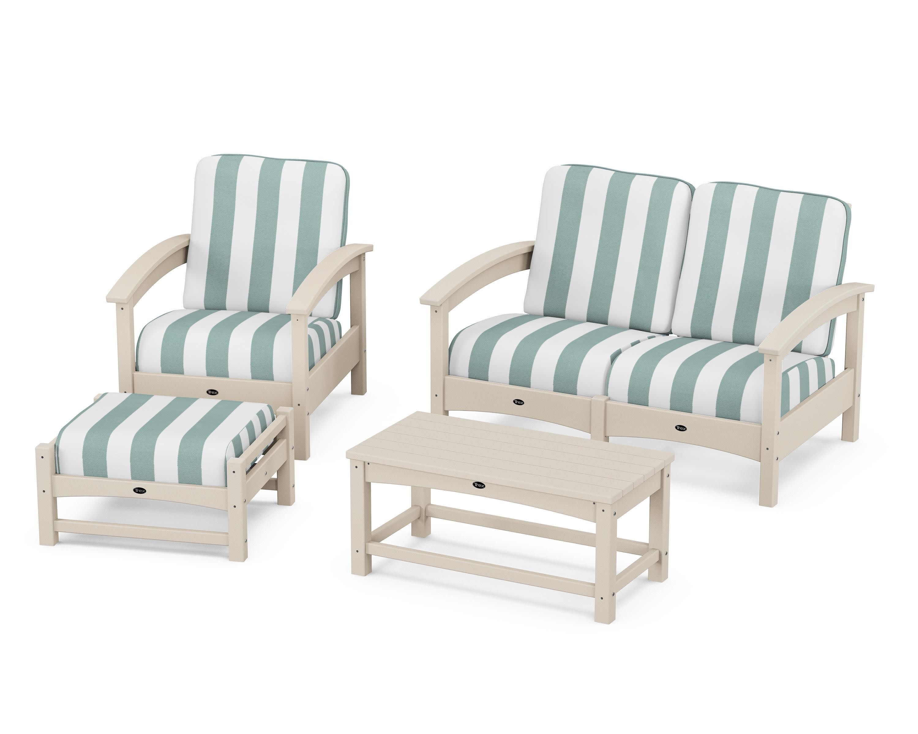 Rockport 4-Piece Deep Seating Conversation Group in Sand Castle / Cabana Stripe Glacier Spa