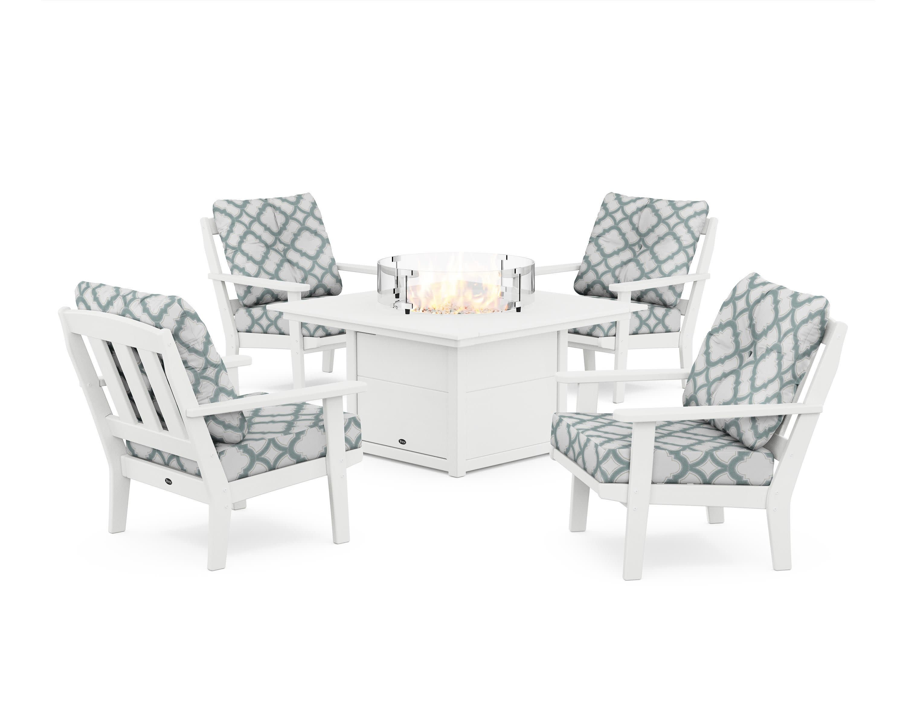Cape Cod 5-Piece Deep Seating Set with Fire Pit Table in Classic White / Trellis Glacier Spa
