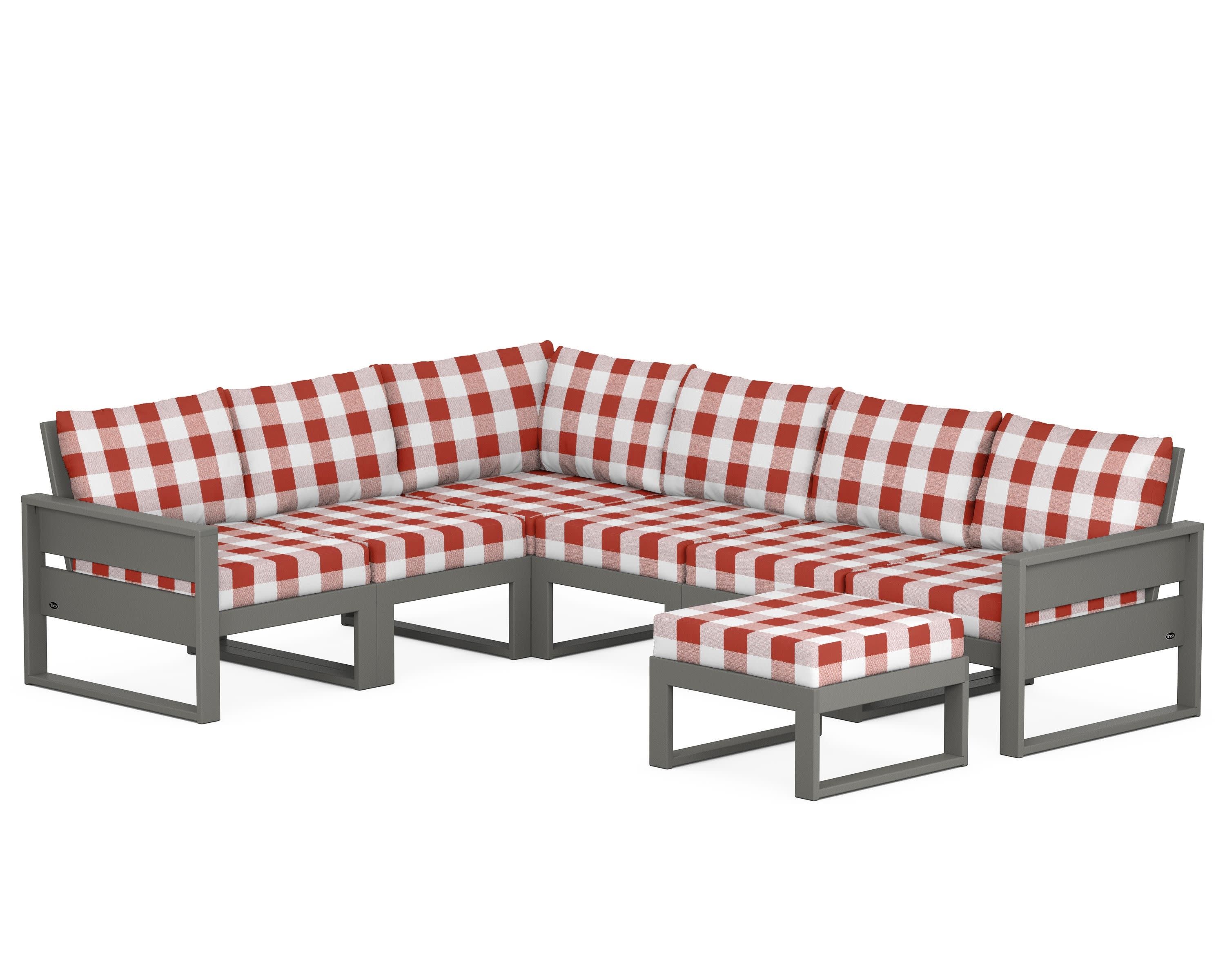 Eastport 6-Piece Sectional with Ottoman in Stepping Stone / Buffalo Plaid Crimson