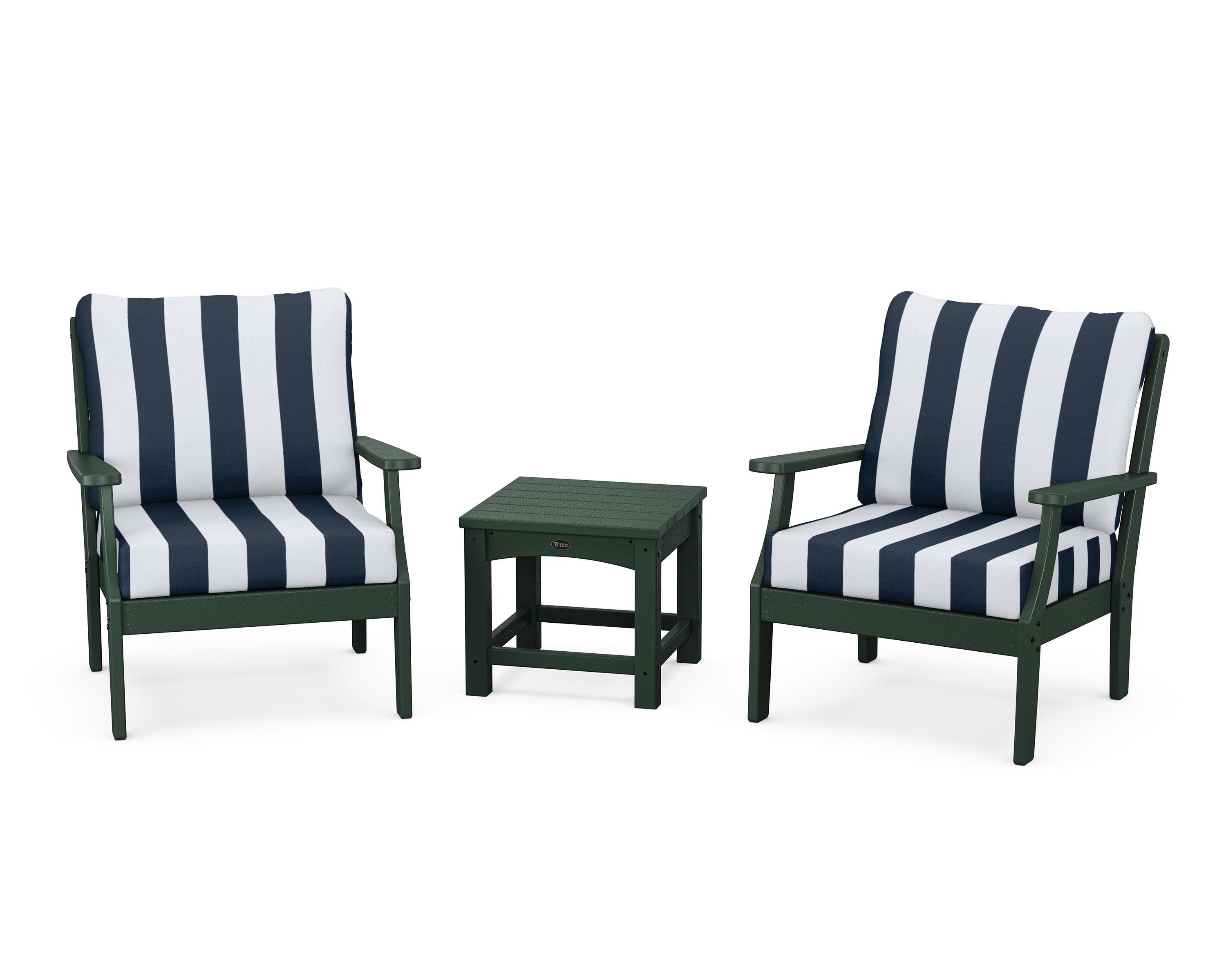 Yacht Club 3-Piece Deep Seating Set in Rainforest Canopy / Cabana Stripe Marine Indigo