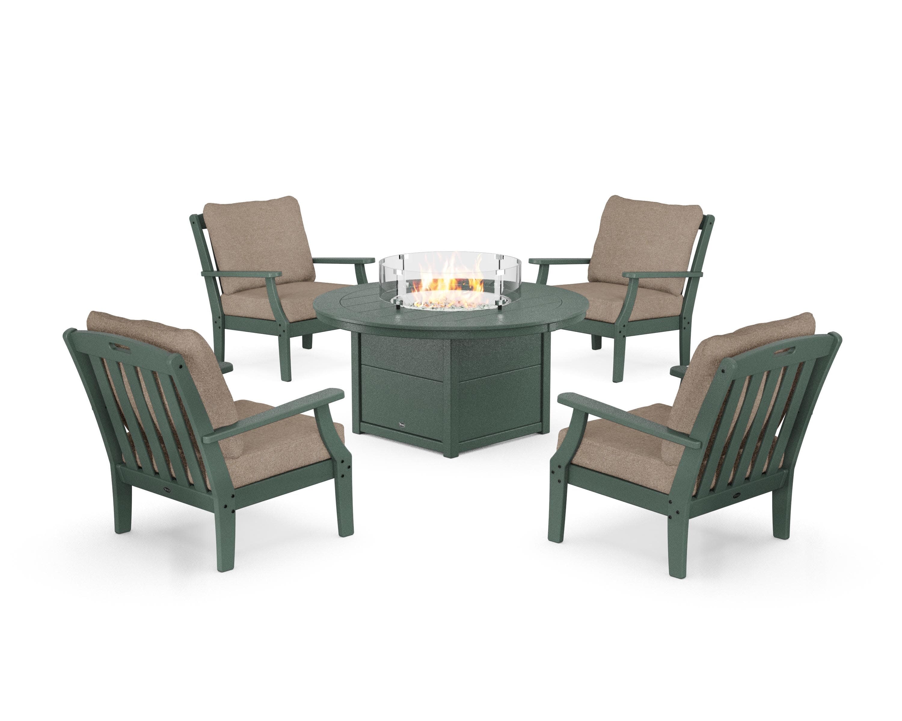 Yacht Club 5-Piece Deep Seating Set with Round Fire Pit Table in Rainforest Canopy / Spiced Burlap