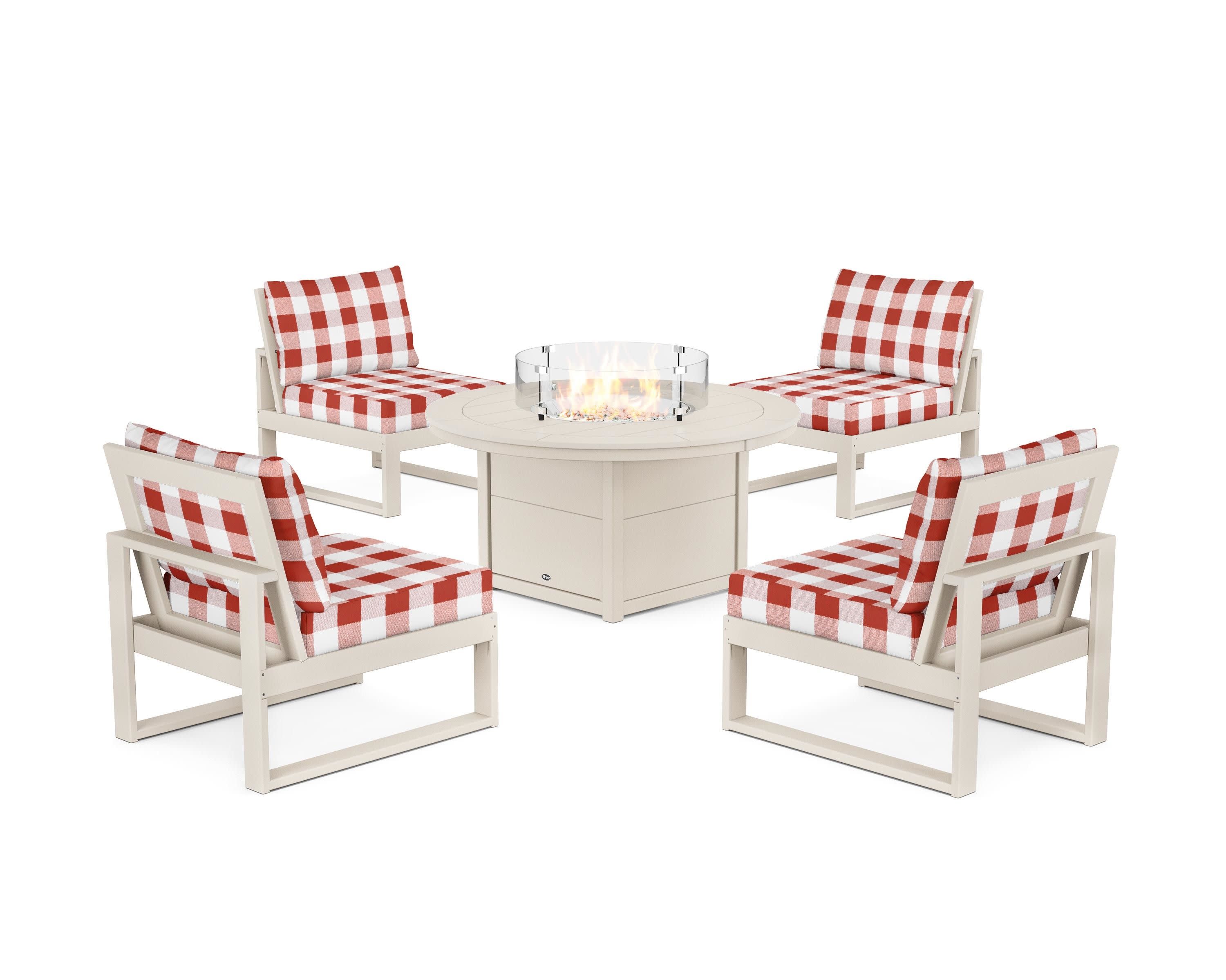 Eastport Modular 5-Piece Deep Seating Set with Round Fire Pit Table in Sand Castle / Buffalo Plaid Crimson