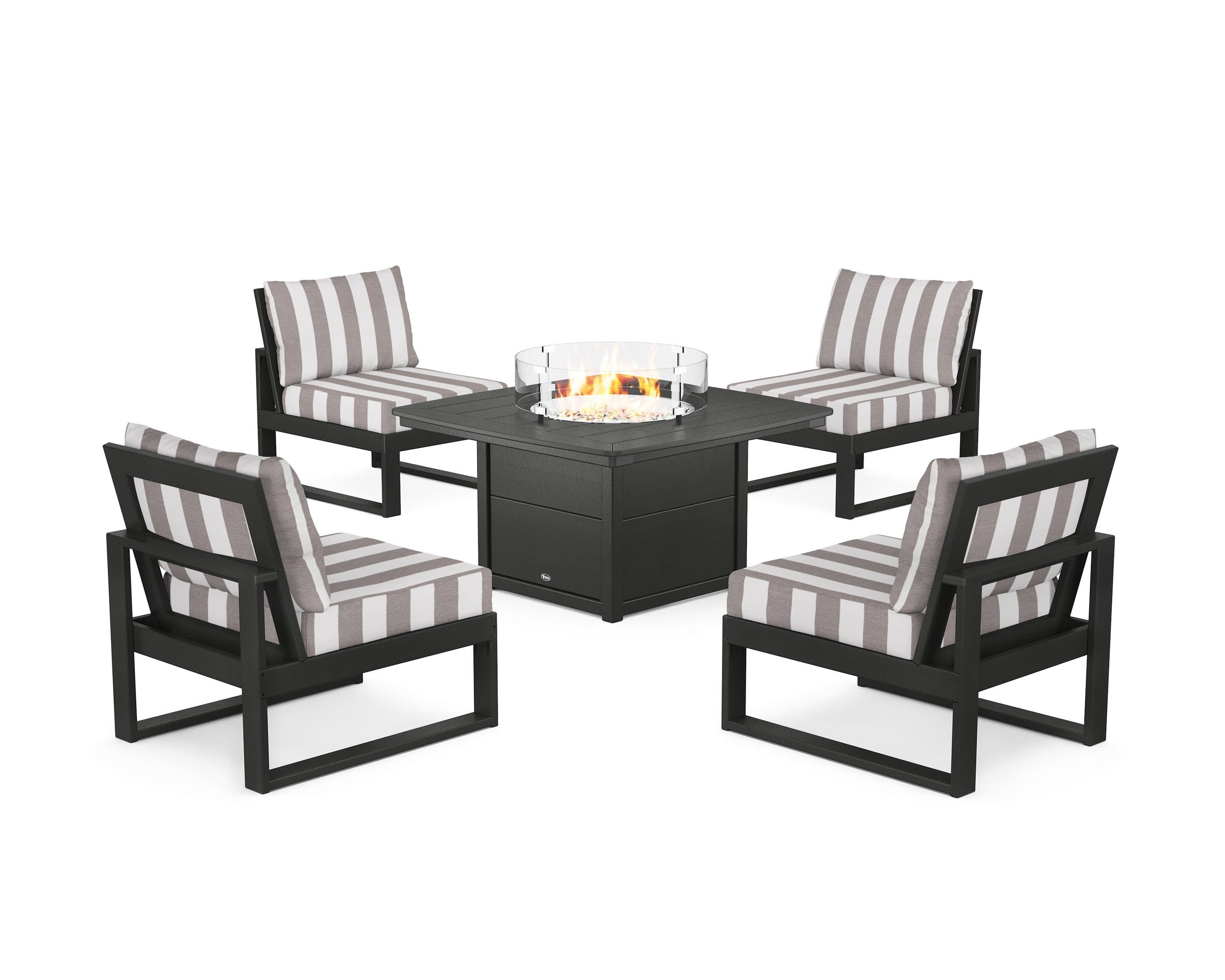 Eastport Modular 5-Piece Deep Seating Set with Yacht Club Fire Pit Table in Charcoal Black / Cabana Stripe Grey Mist