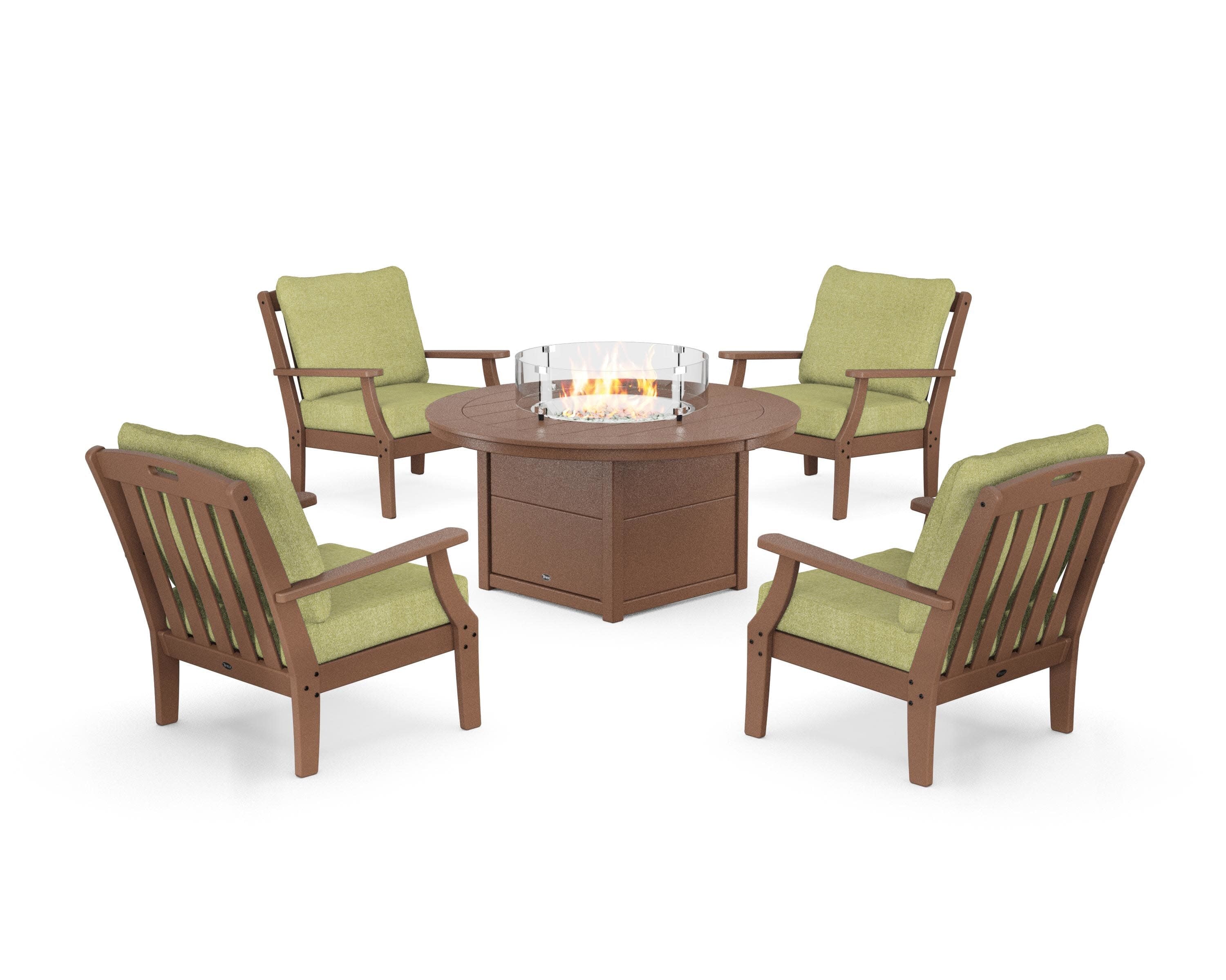 Yacht Club 5-Piece Deep Seating Set with Round Fire Pit Table in Tree House / Chartreuse Boucle