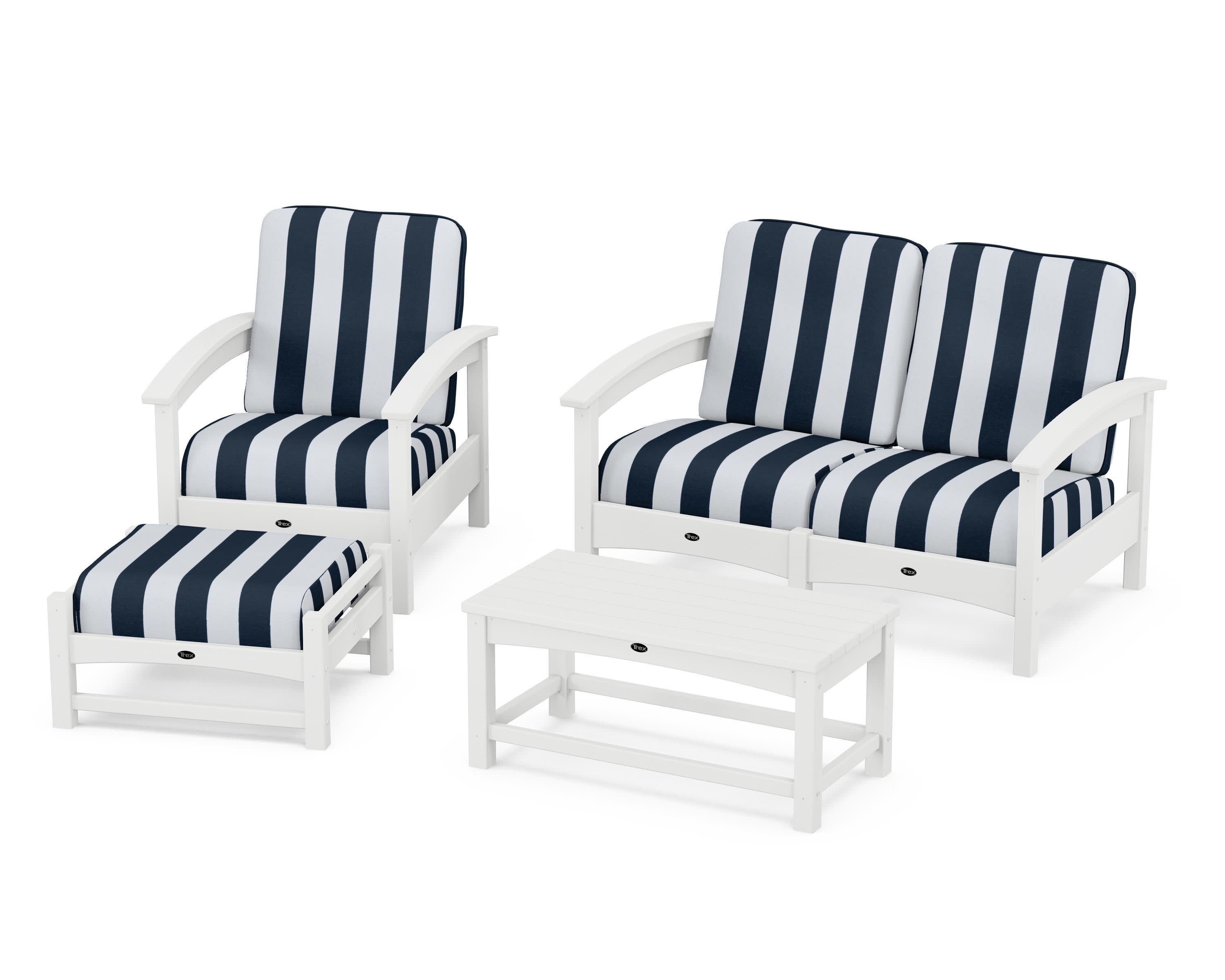 Rockport 4-Piece Deep Seating Conversation Group in Classic White / Cabana Stripe Marine Indigo