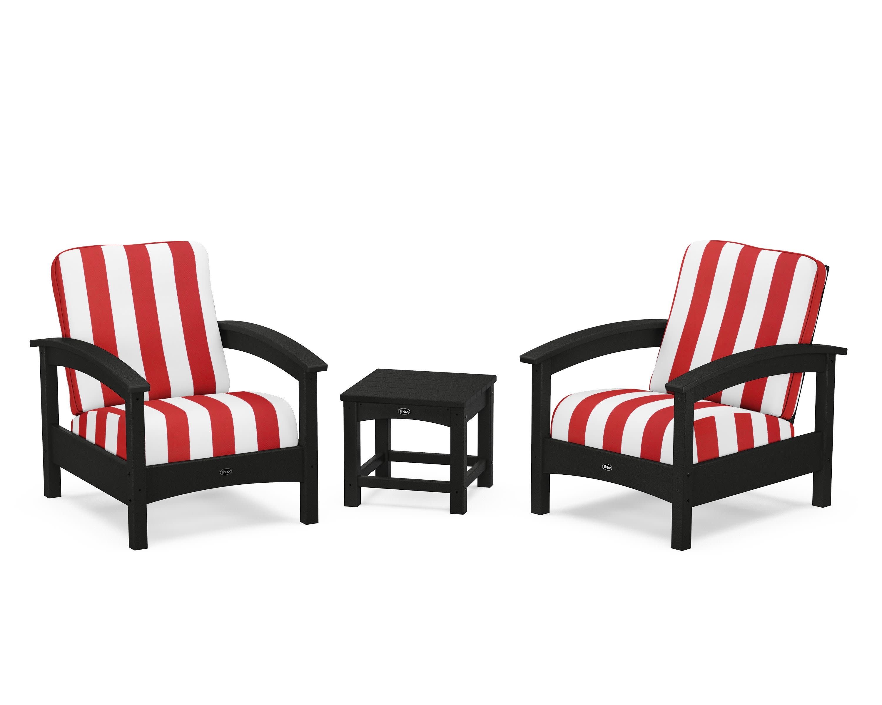 Rockport Club 3-Piece Deep Seating Conversation Set in Charcoal Black / Cabana Stripe Crimson