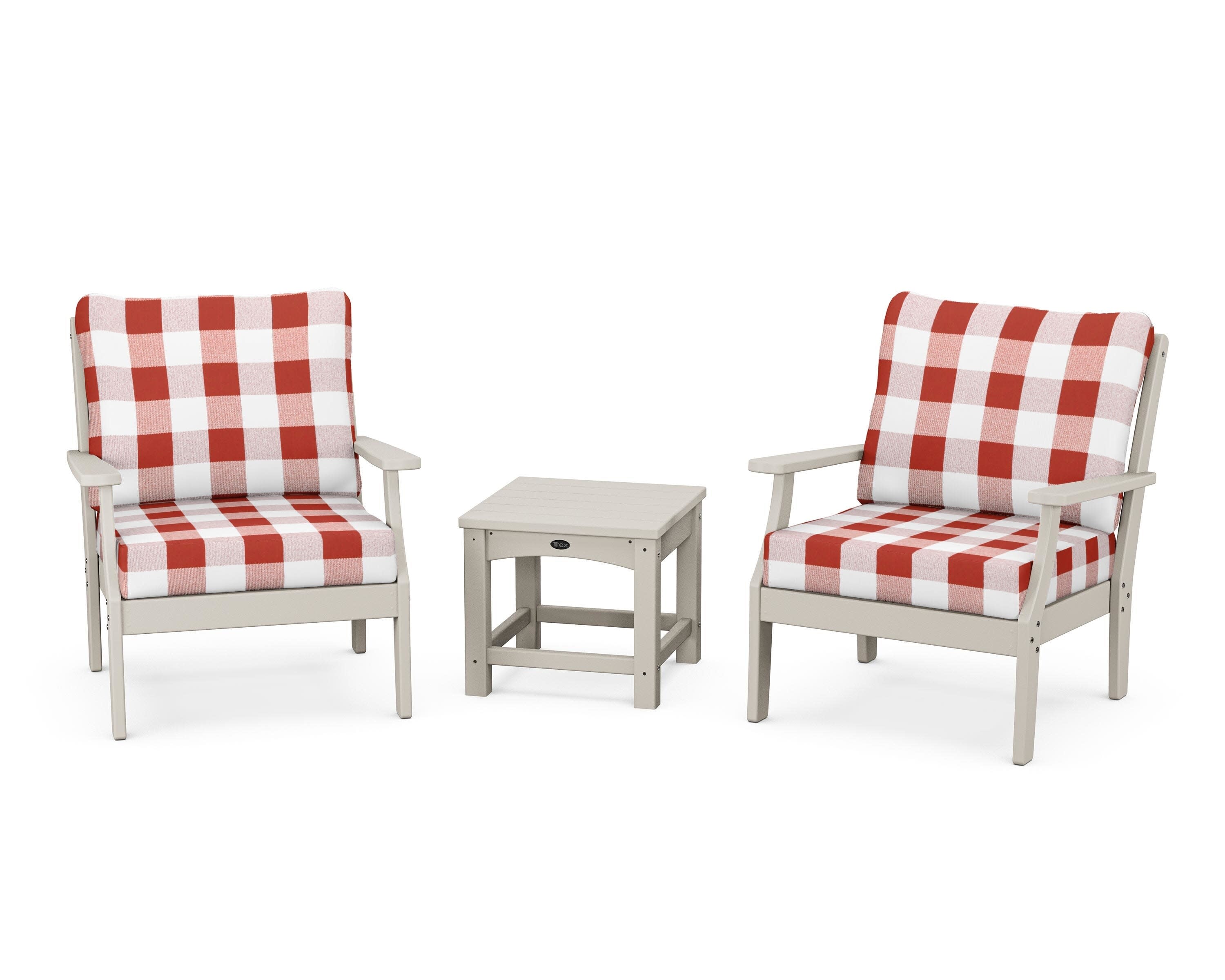 Yacht Club 3-Piece Deep Seating Set in Sand Castle / Buffalo Plaid Crimson